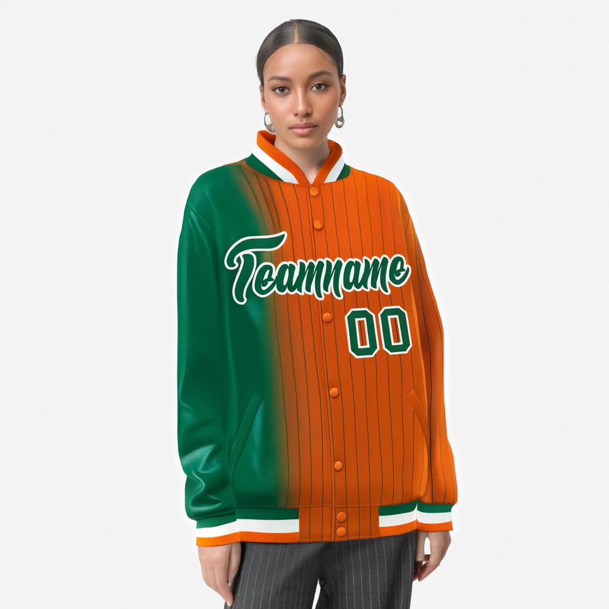 Custom Orange Kelly Green Pinstripe White-Kelly Green Gradient Fashion Varsity Full-Snap Jacket