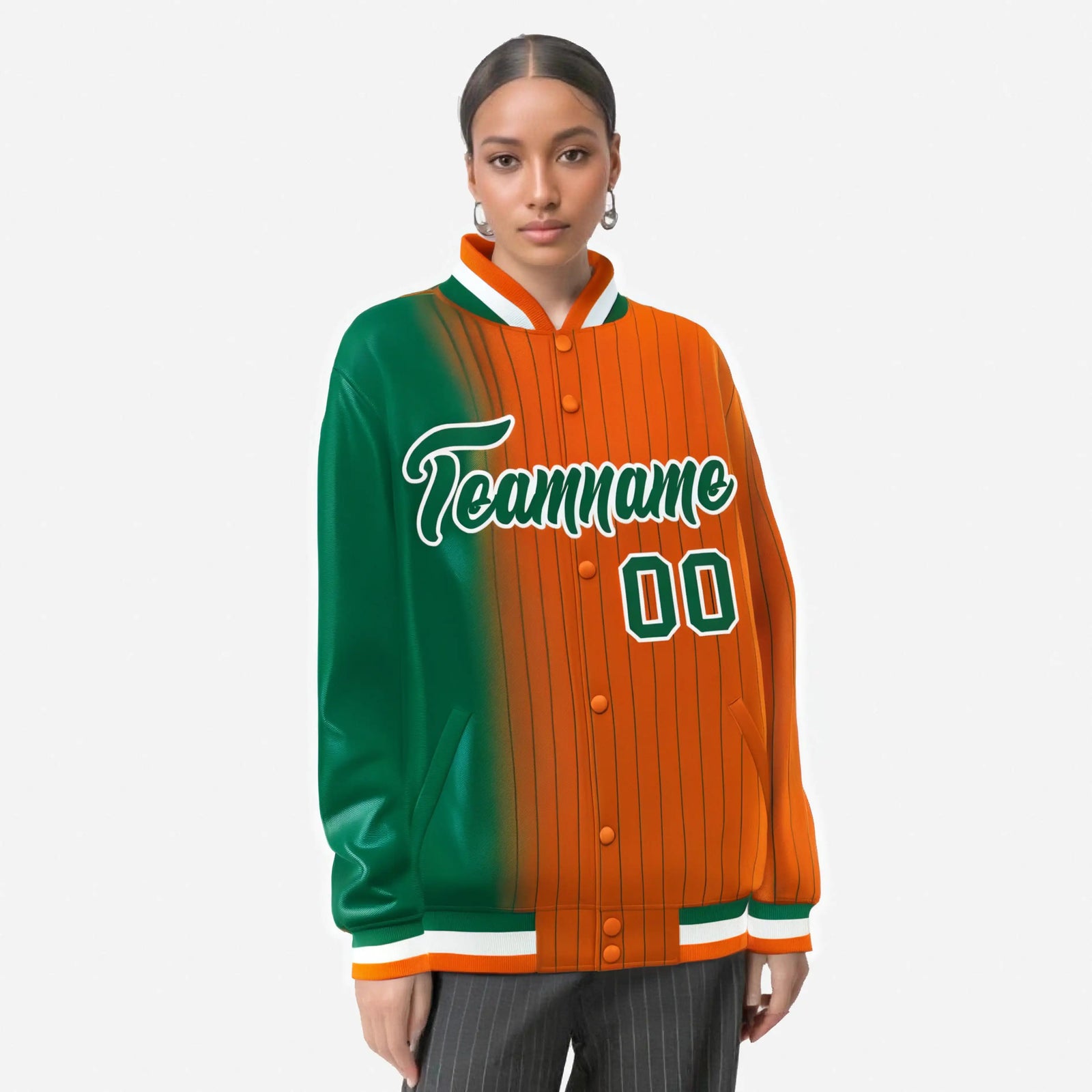 Custom Orange Kelly Green Pinstripe White-Kelly Green Gradient Fashion Varsity Full-Snap Jacket