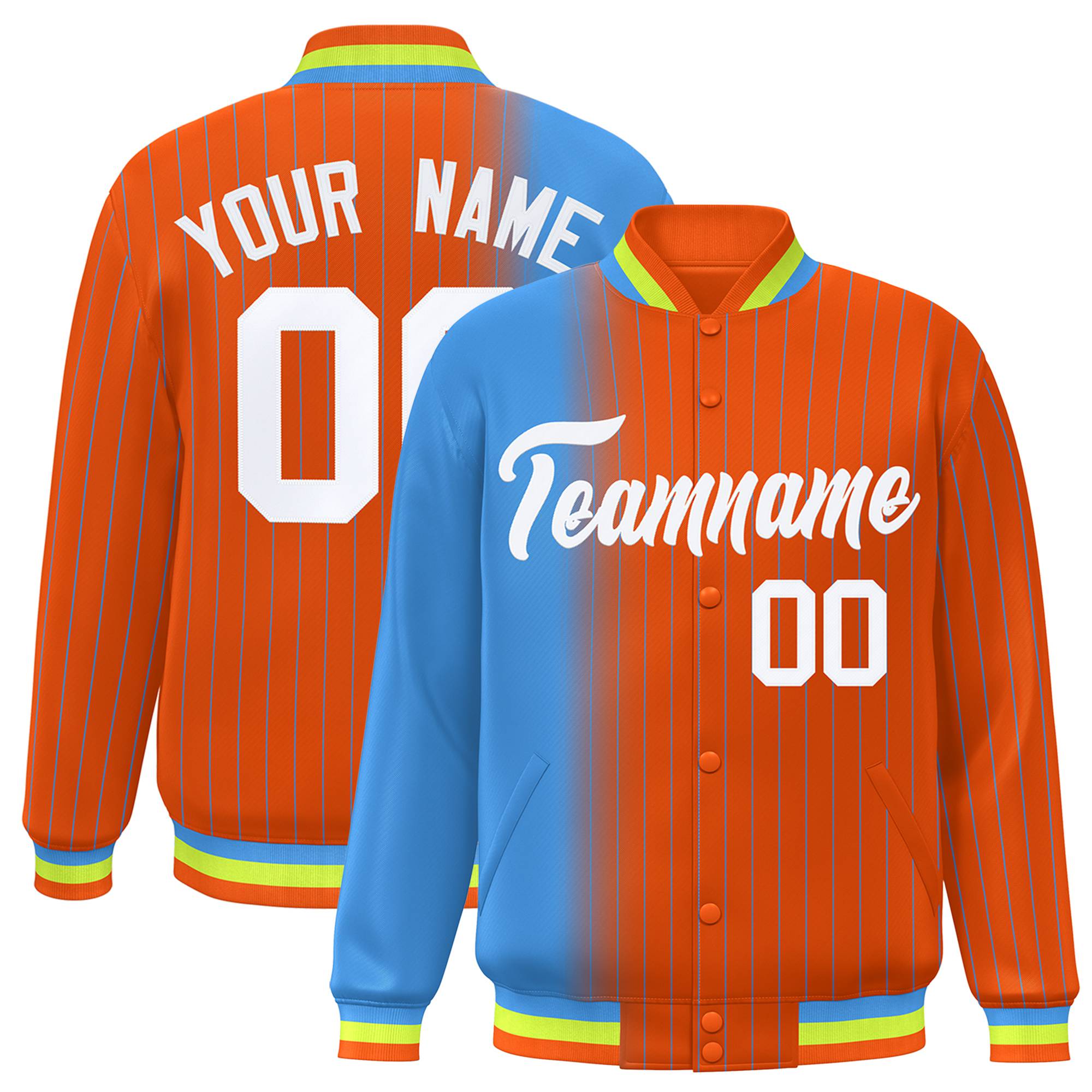 Custom Orange Powder Blue Pinstripe White-Powder Blue Gradient Fashion Varsity Full-Snap Jacket