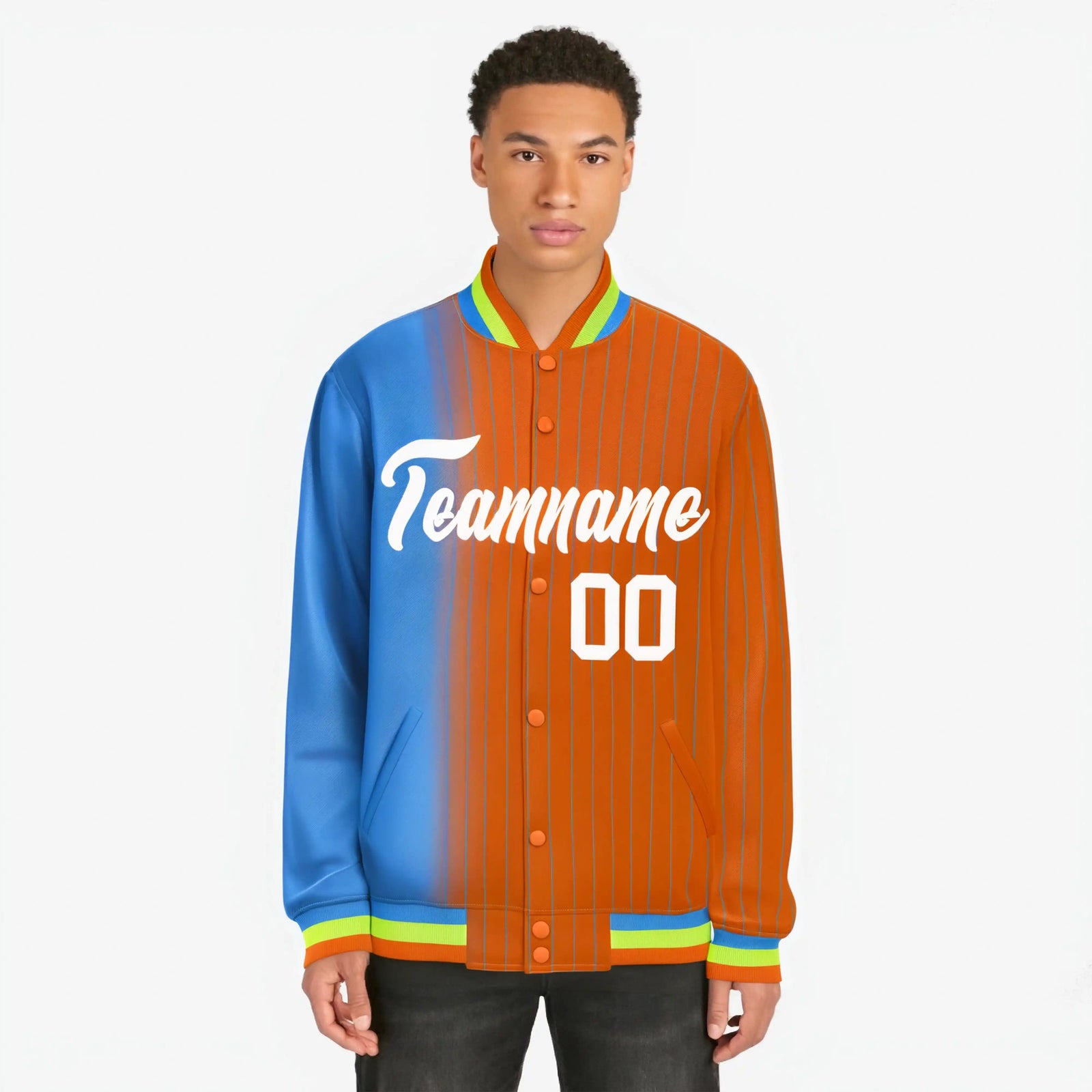 Custom Orange Powder Blue Pinstripe Gradient Fashion Varsity Full-Snap Jacket