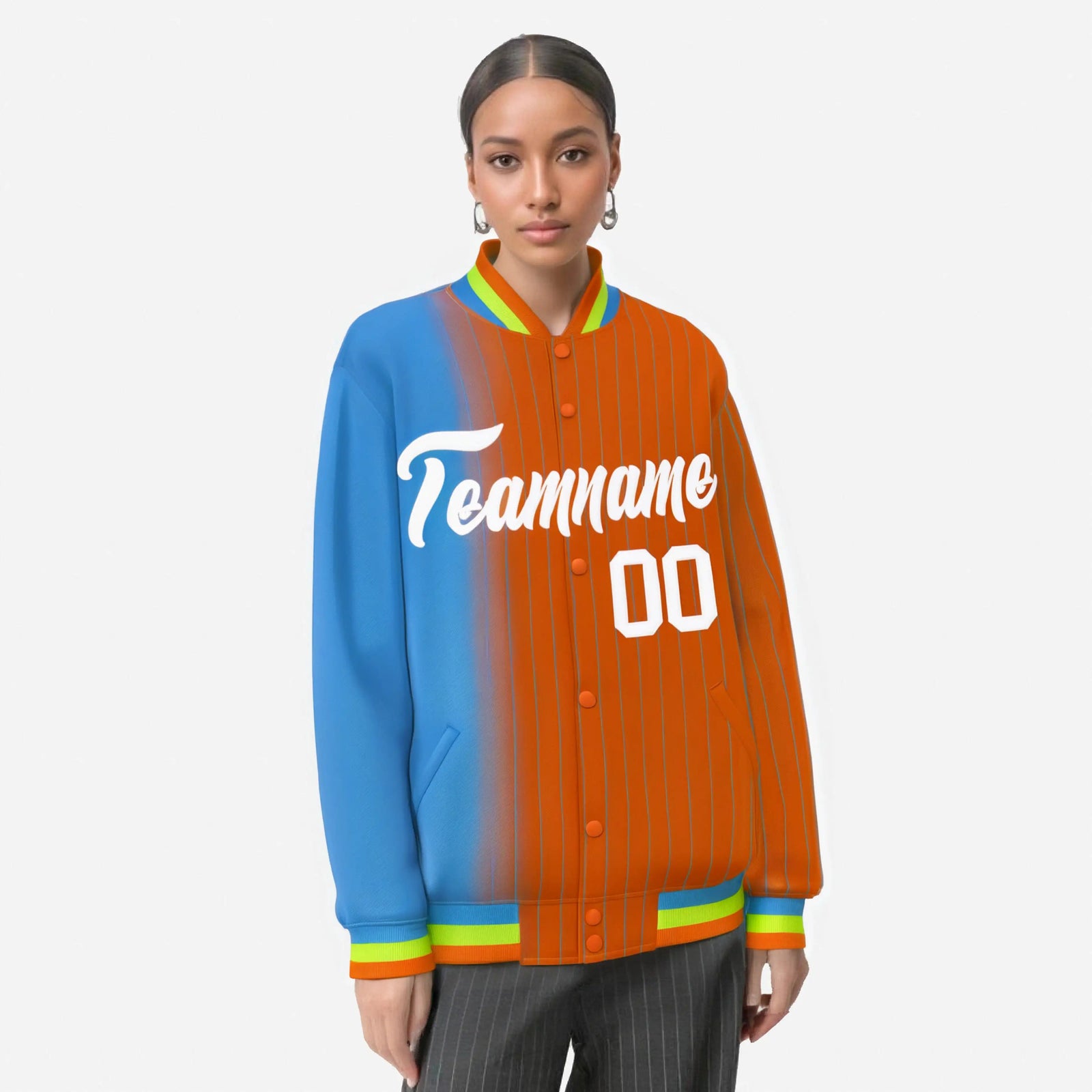 Custom Orange Powder Blue Pinstripe White-Powder Blue Gradient Fashion Varsity Full-Snap Jacket