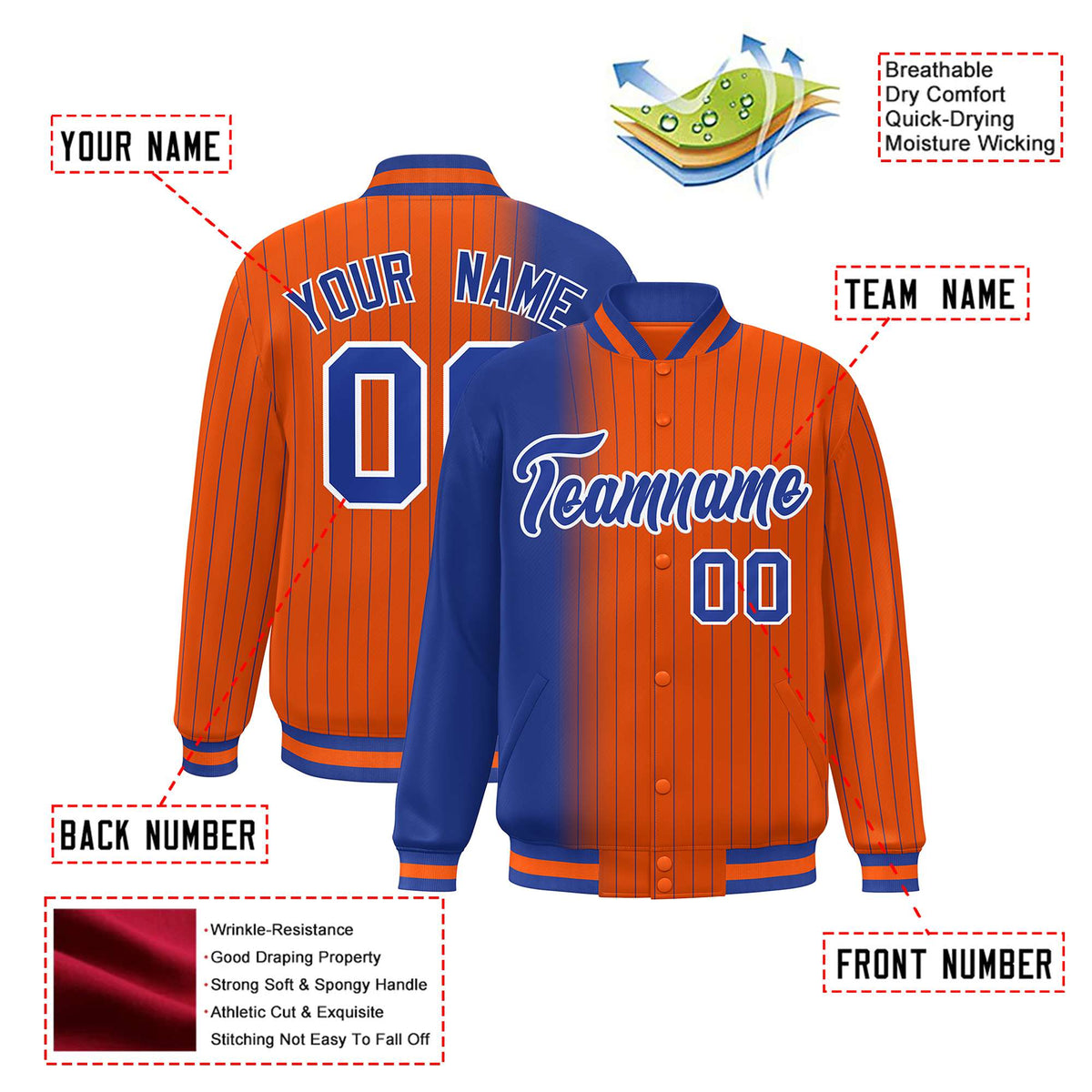 Custom Orange Royal Blue Pinstripe White-Royal Blue Gradient Fashion Varsity Full-Snap Jacket