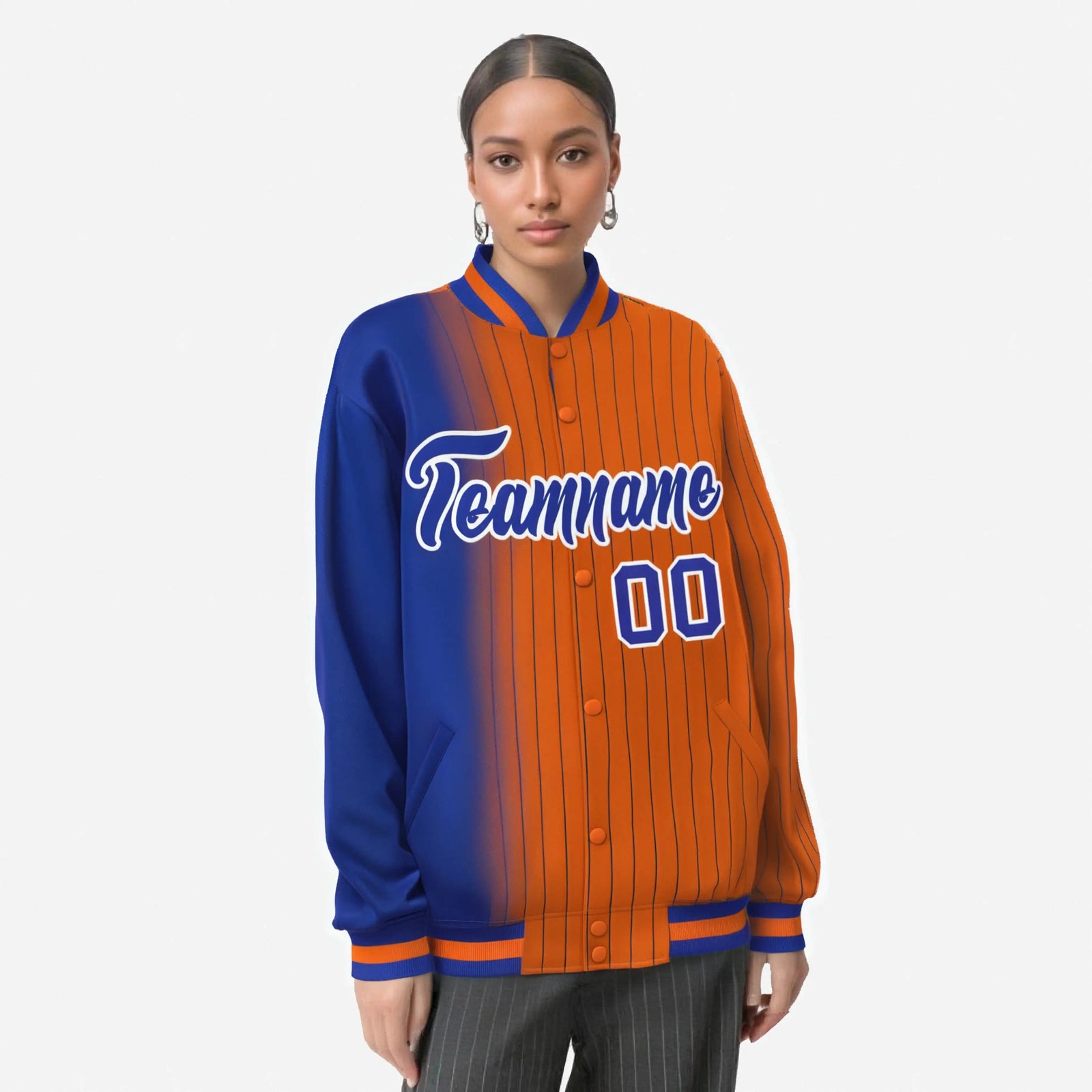 Custom Orange Royal Blue Pinstripe White-Royal Blue Gradient Fashion Varsity Full-Snap Jacket
