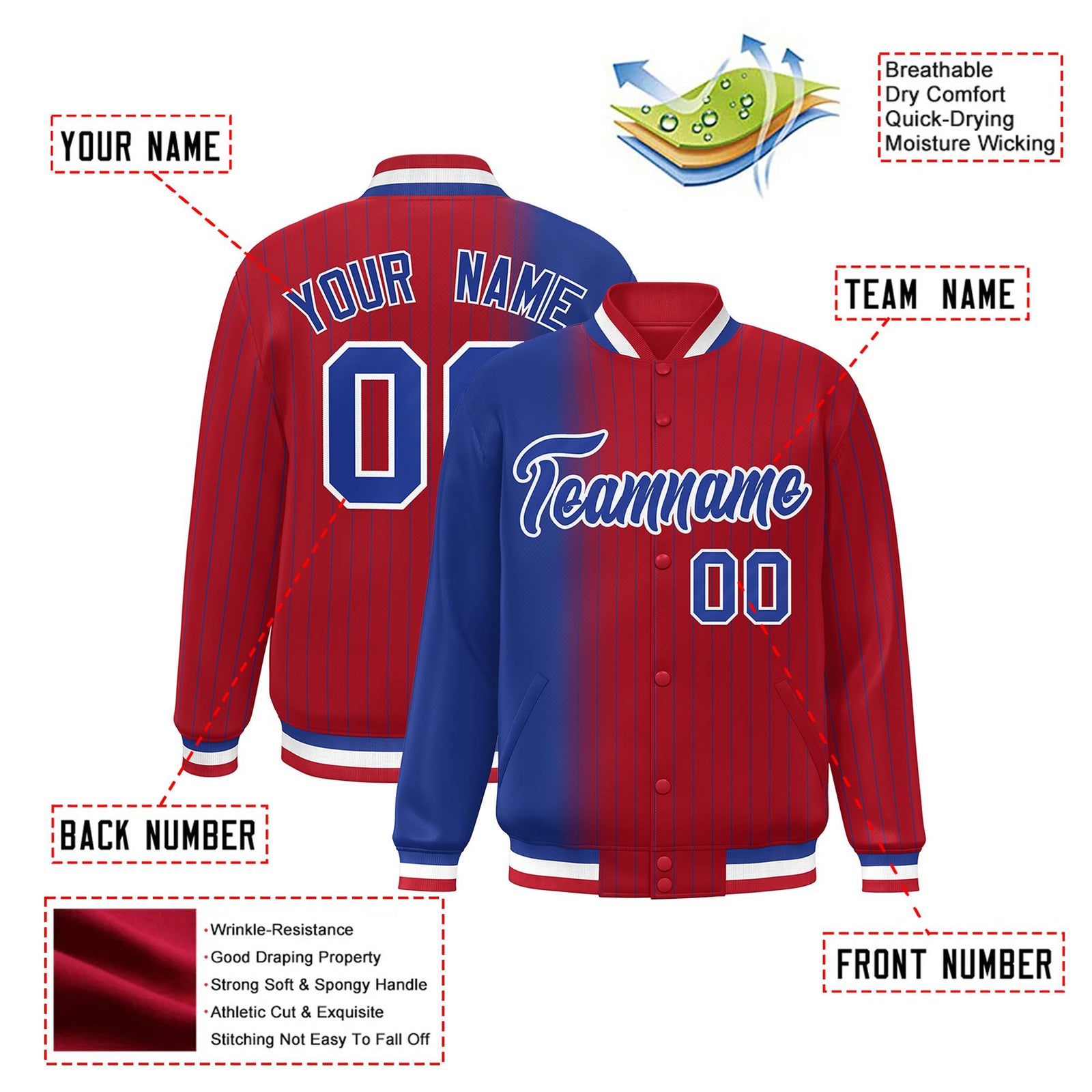 Custom Red Royal Blue Pinstripe White-Royal Blue Gradient Fashion Varsity Full-Snap Jacket