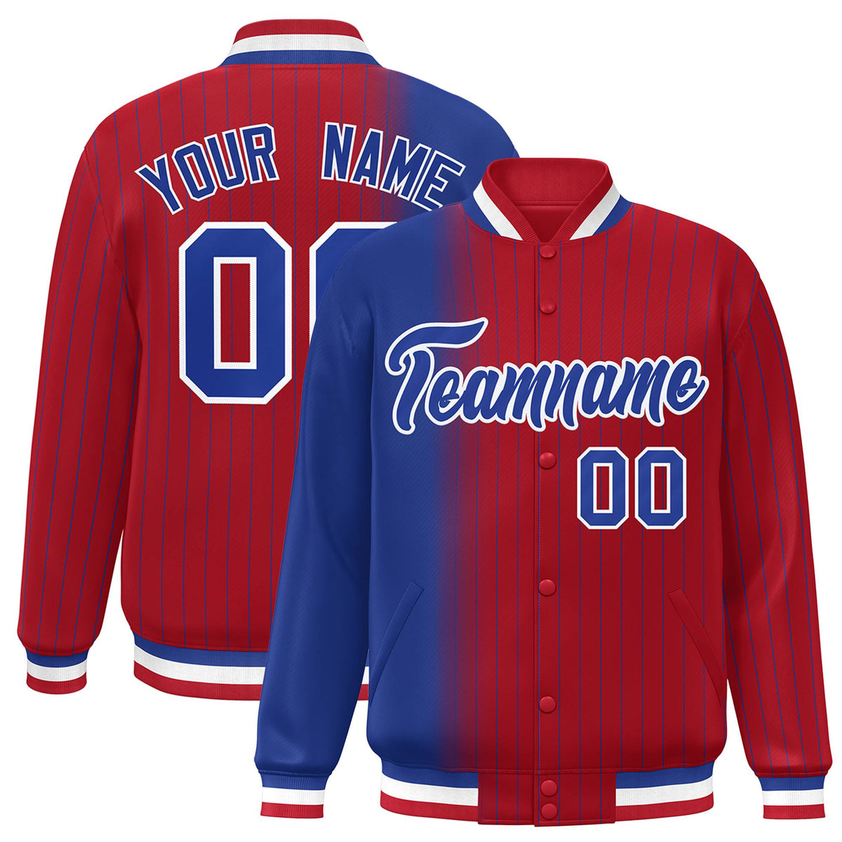 Custom Red Royal Blue Pinstripe White-Royal Blue Gradient Fashion Varsity Full-Snap Jacket