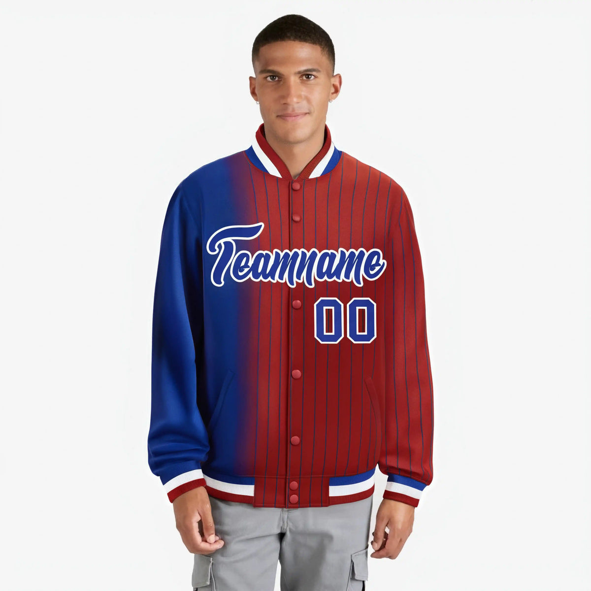 Custom Red Royal Blue Pinstripe White-Royal Blue Gradient Fashion Varsity Full-Snap Jacket
