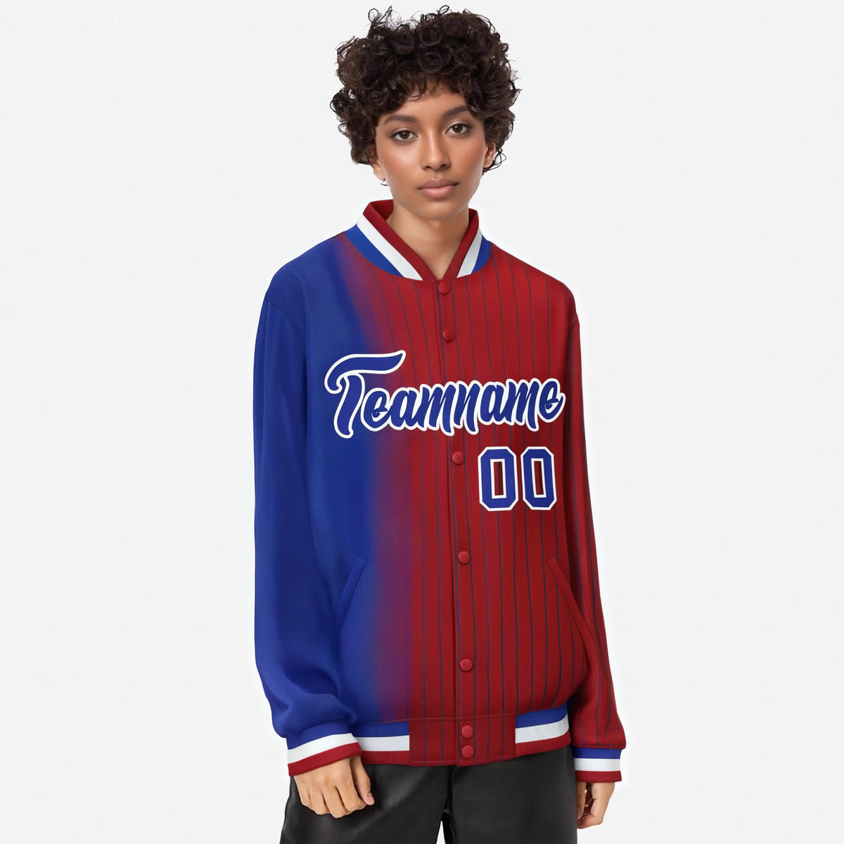 Custom Red Royal Blue Pinstripe White-Royal Blue Gradient Fashion Varsity Full-Snap Jacket