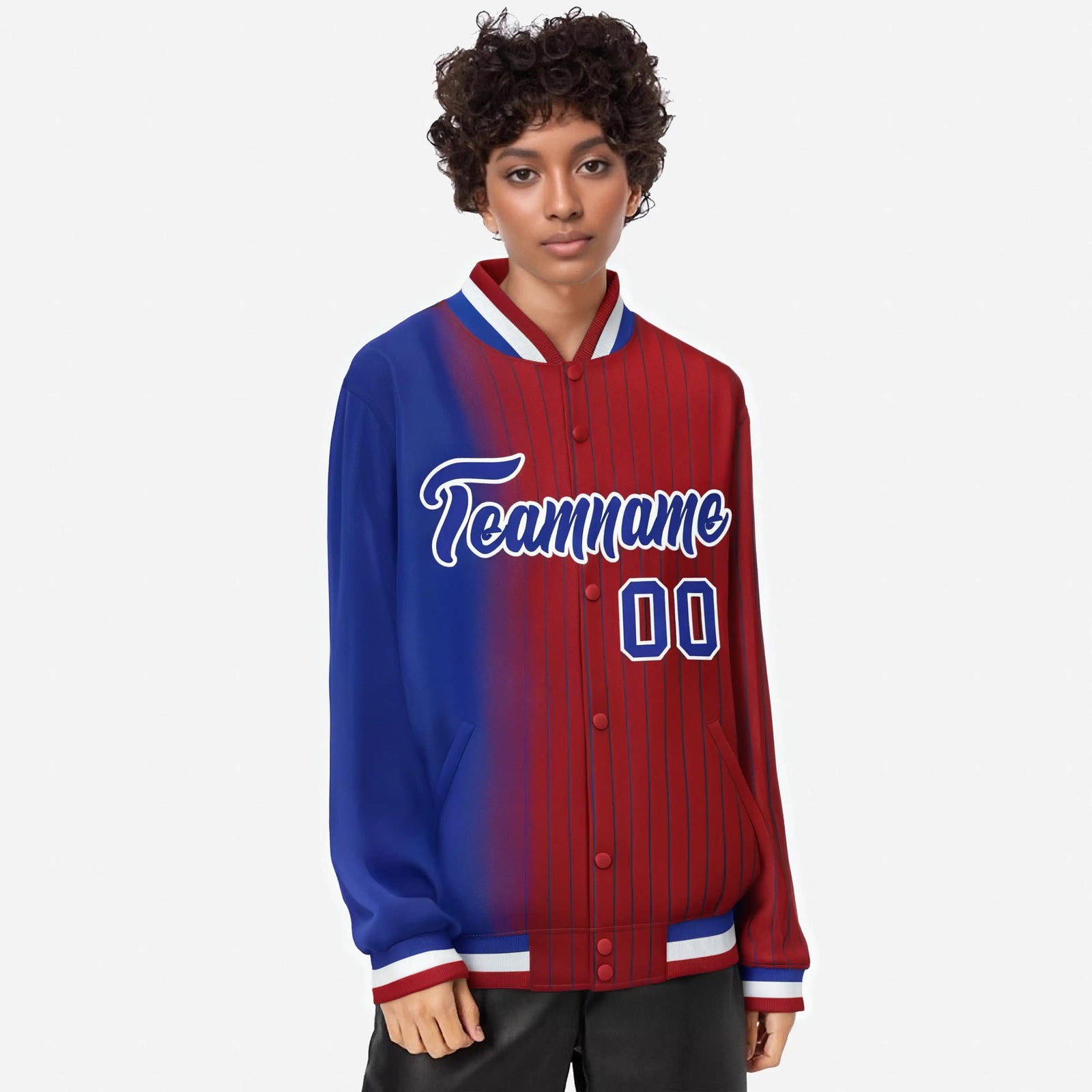 Custom Red Royal Blue Pinstripe White-Royal Blue Gradient Fashion Varsity Full-Snap Jacket
