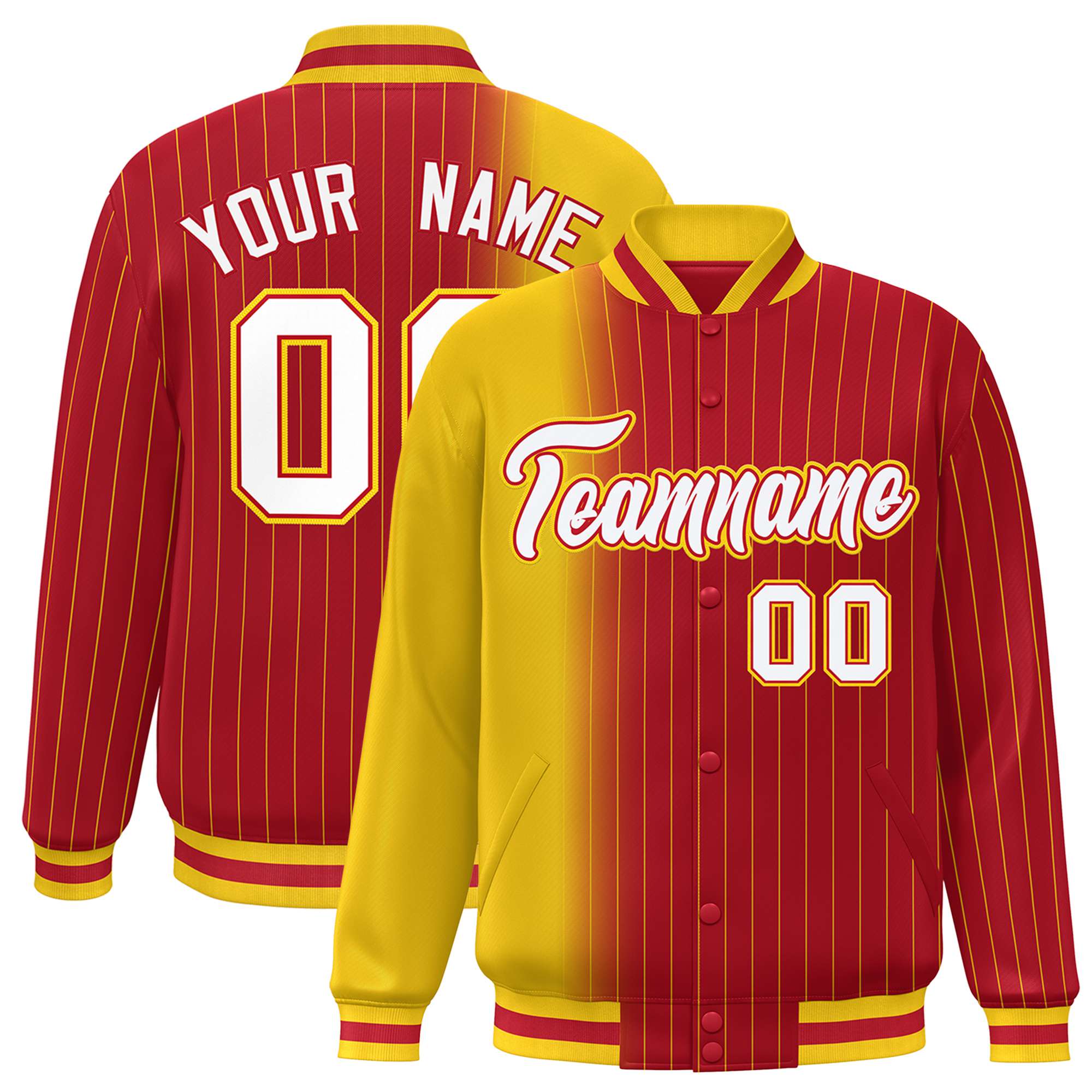 Custom Red Gold Pinstripe White-Gold Gradient Fashion Varsity Full-Snap Jacket