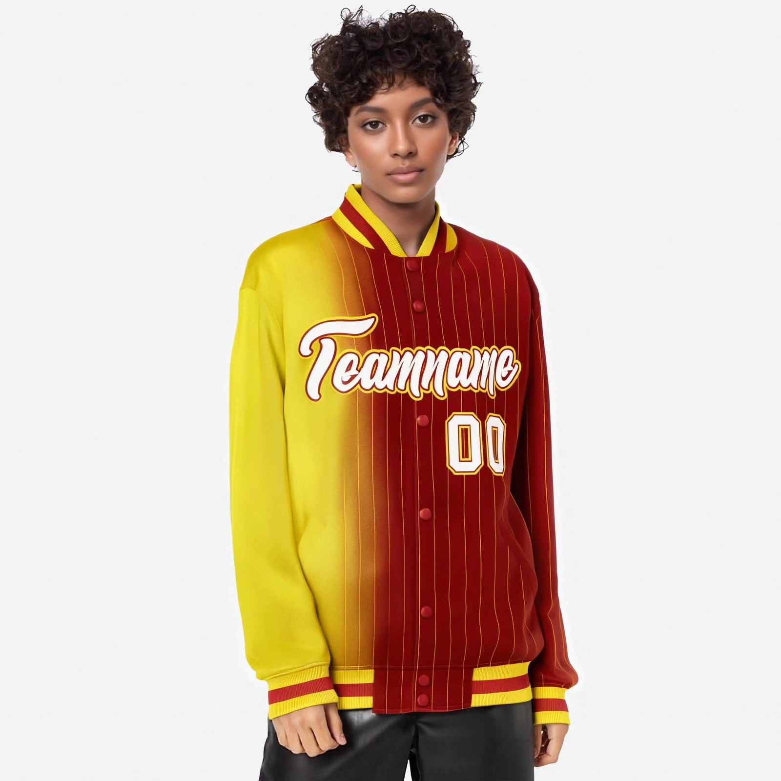 Custom Red Gold Pinstripe White-Gold Gradient Fashion Varsity Full-Snap Jacket