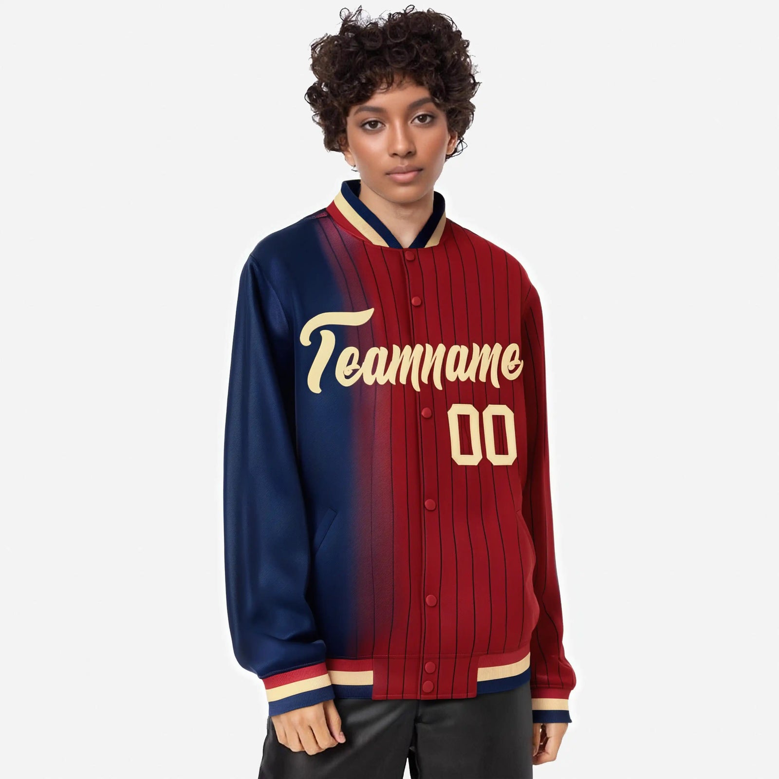 Custom Red Navy Pinstripe Old Gold-Navy Gradient Fashion Varsity Full-Snap Jacket