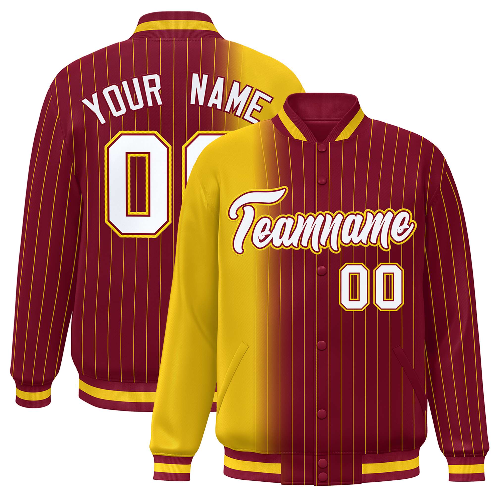 Custom Crimson Gold Pinstripe White-Gold Gradient Fashion Varsity Full-Snap Jacket