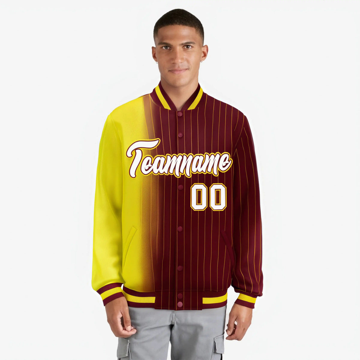 Custom Crimson Gold Pinstripe White-Gold Gradient Fashion Varsity Full-Snap Jacket