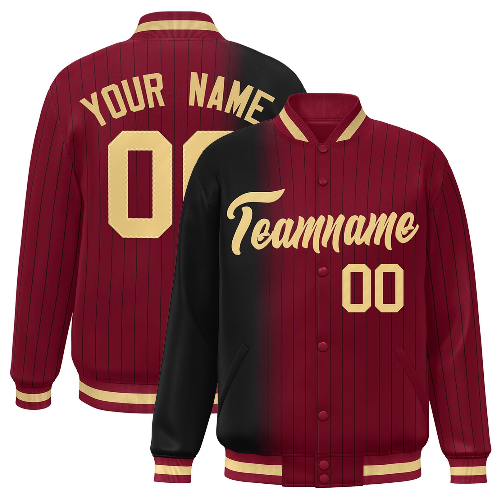 Custom Crimson Black Pinstripe Old Gold-Black Gradient Fashion Varsity Full-Snap Jacket