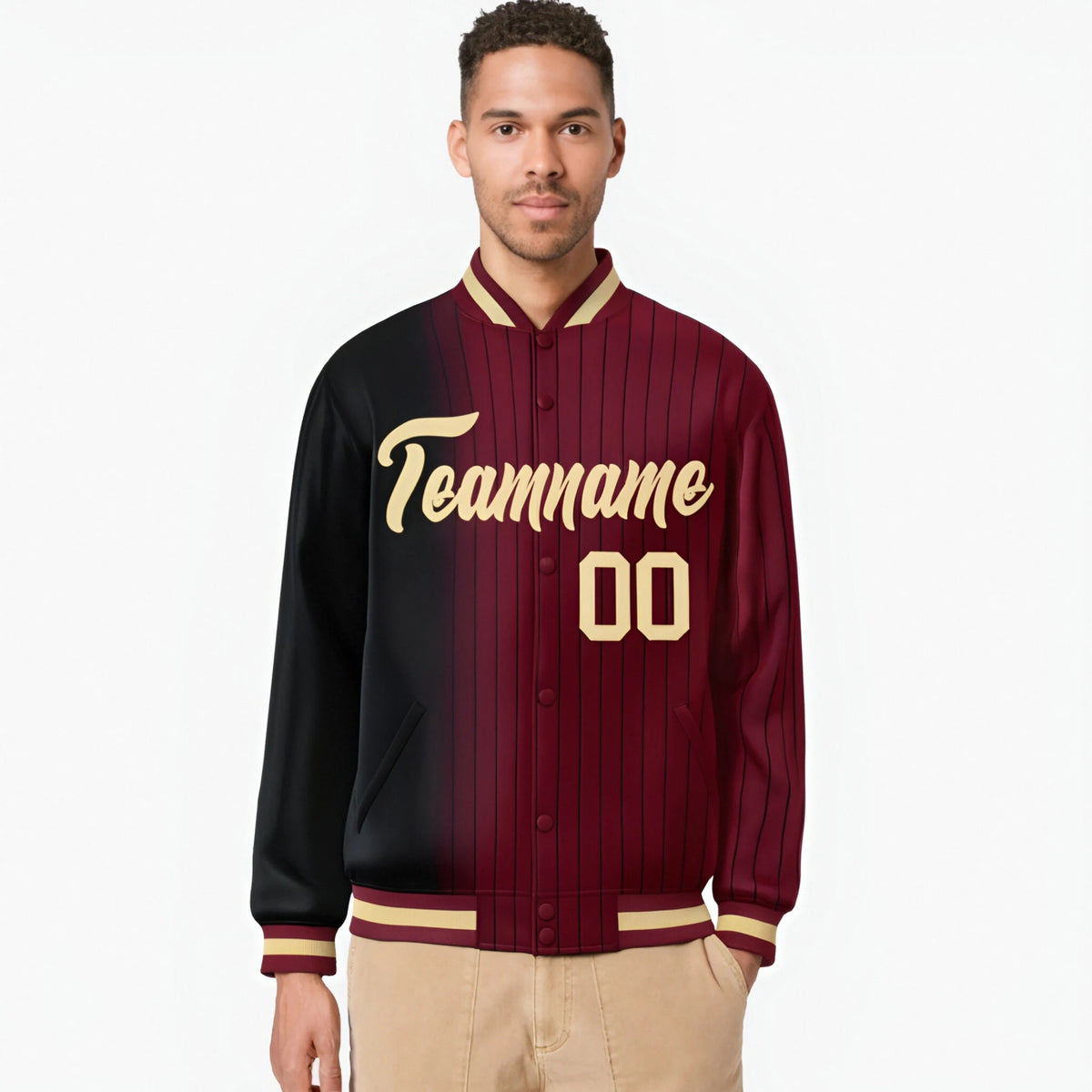 Custom Crimson Black Pinstripe Old Gold-Black Gradient Fashion Varsity Full-Snap Jacket