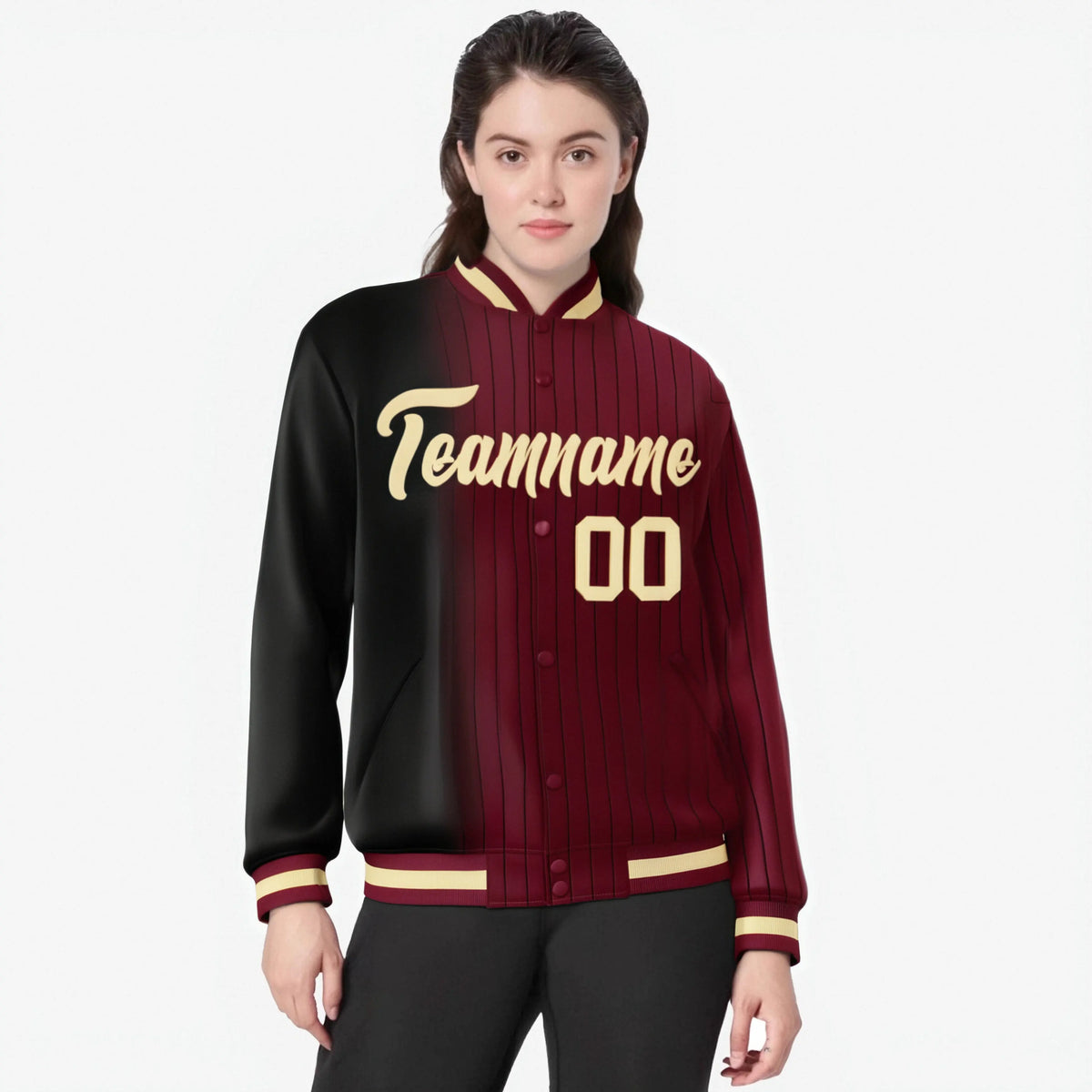 Custom Crimson Black Pinstripe Old Gold-Black Gradient Fashion Varsity Full-Snap Jacket