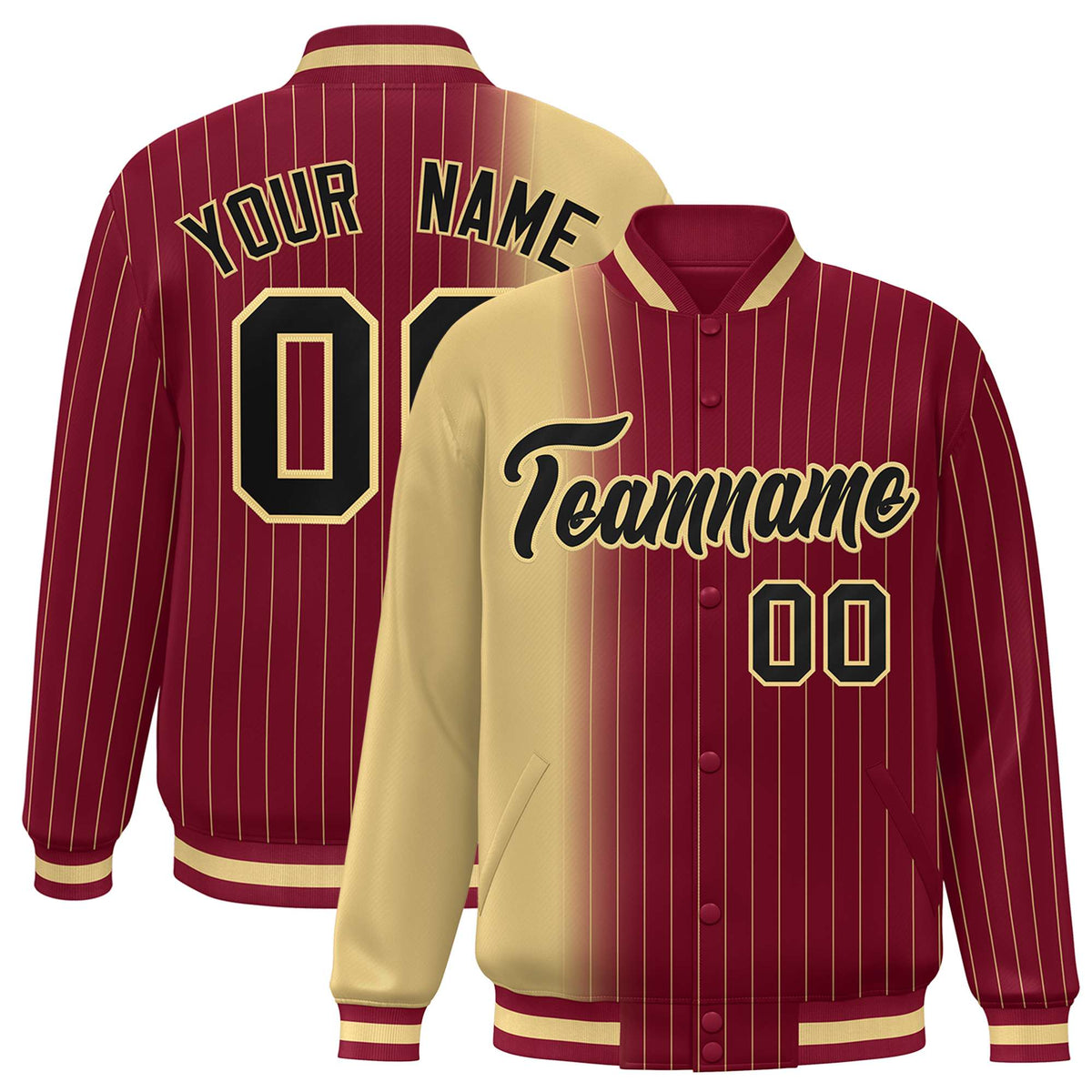 Custom Crimson Khaki Pinstripe Black-Khaki Gradient Fashion Varsity Full-Snap Jacket