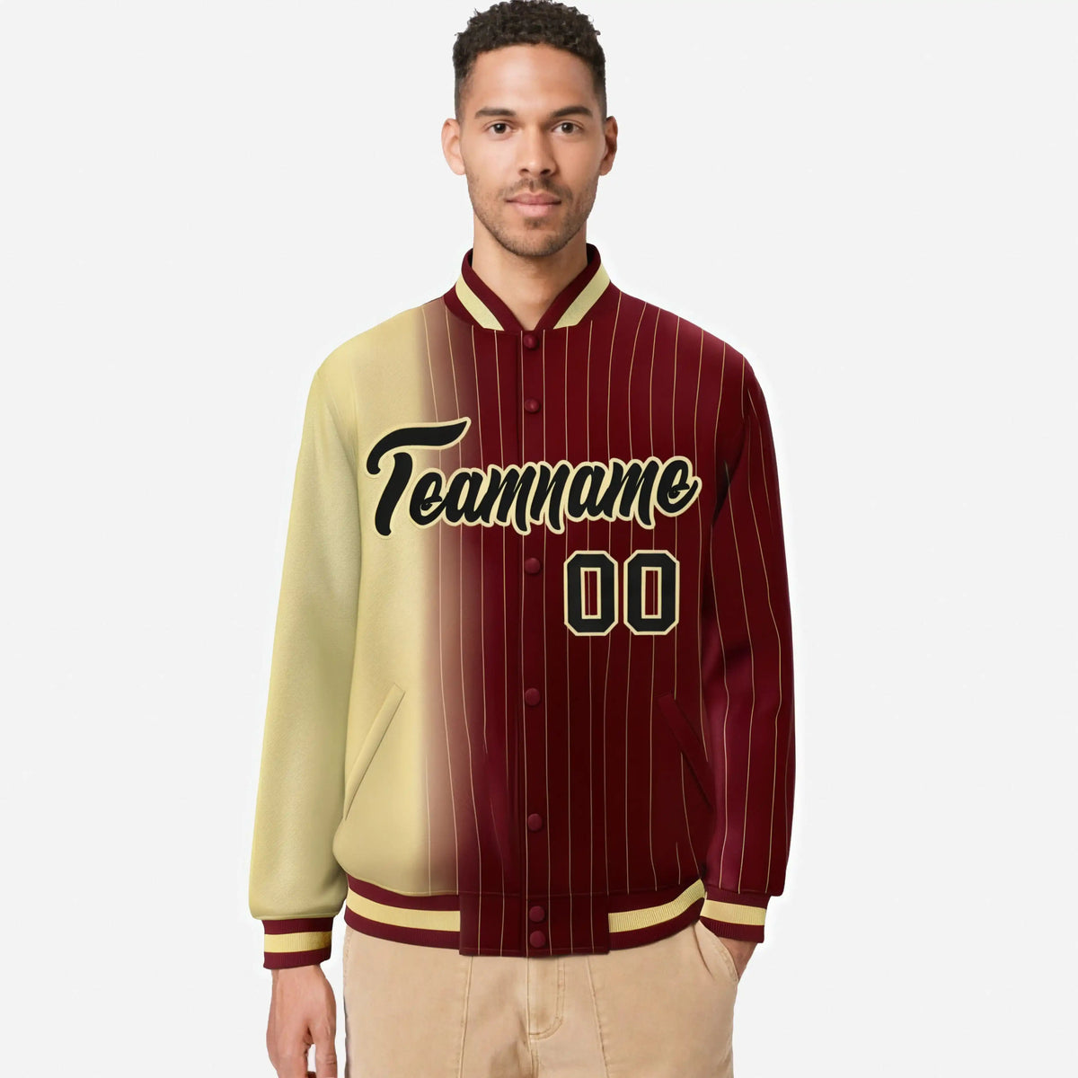 Custom Crimson Khaki Pinstripe Black-Khaki Gradient Fashion Varsity Full-Snap Jacket