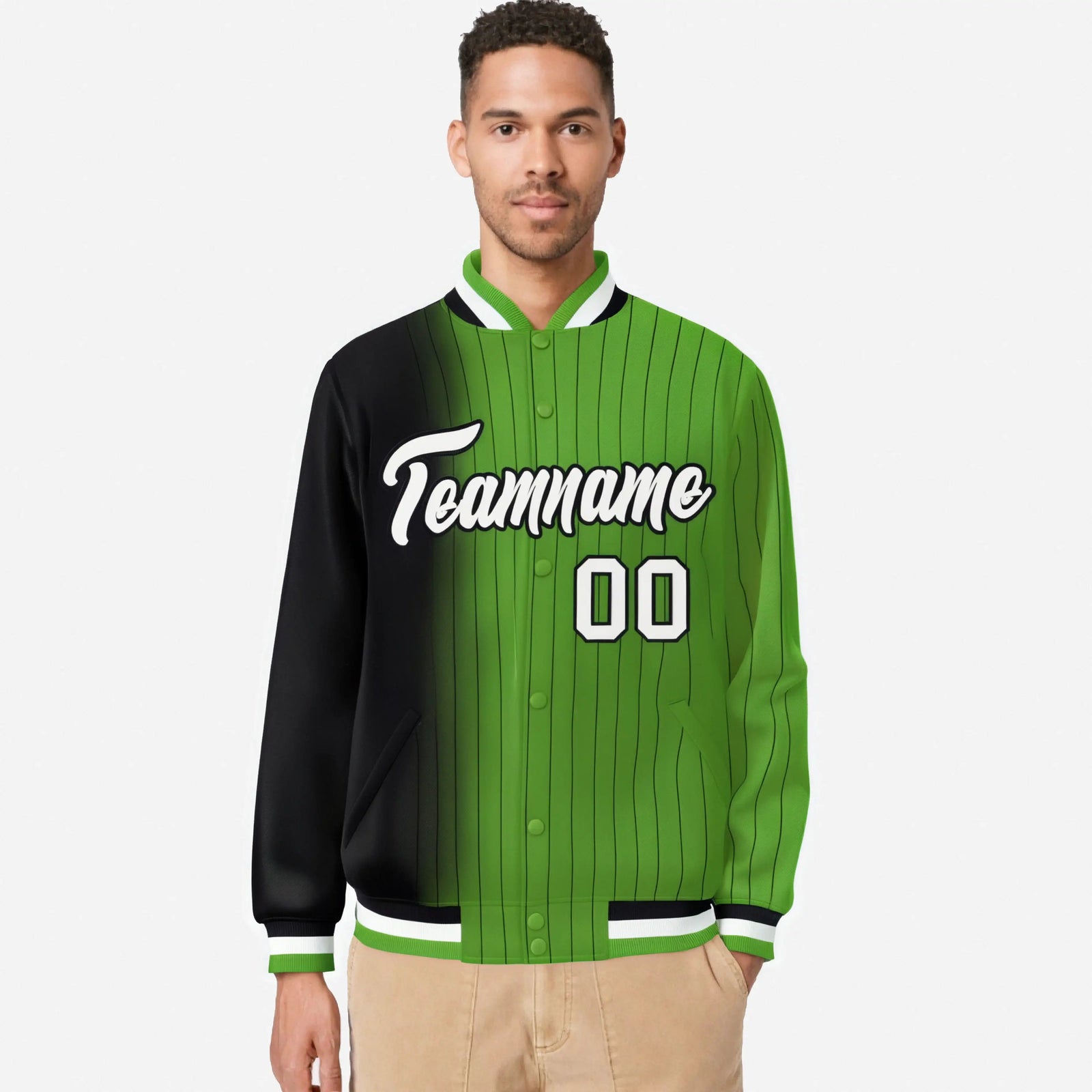 Custom Neon Green Black Pinstripe White-Black Gradient Fashion Varsity Full-Snap Jacket