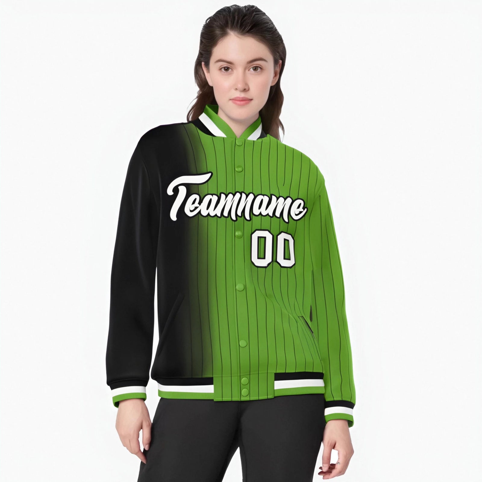 Custom Neon Green Black Pinstripe White-Black Gradient Fashion Varsity Full-Snap Jacket