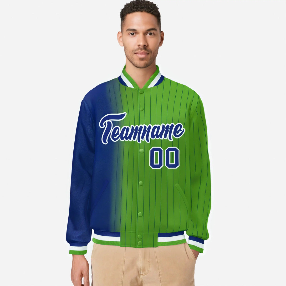 Custom Neon Green Royal-Blue Pinstripe White-Royal Blue Gradient Fashion Varsity Full-Snap Jacket