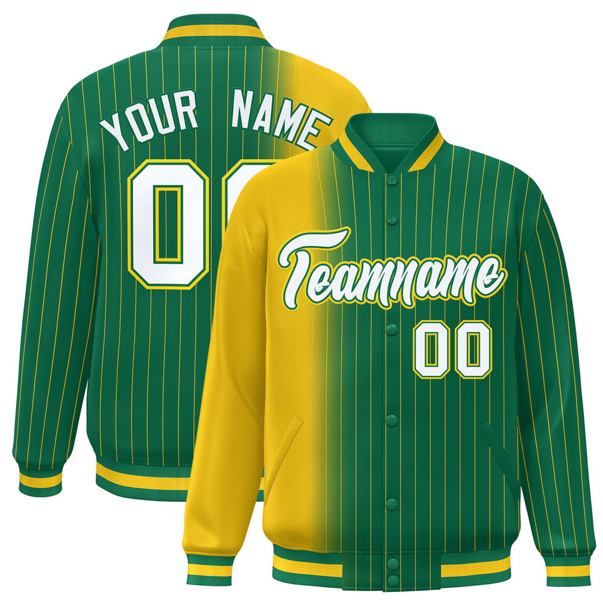Custom Kelly Green Gold Pinstripe White-Gold Gradient Fashion Varsity Full-Snap Jacket