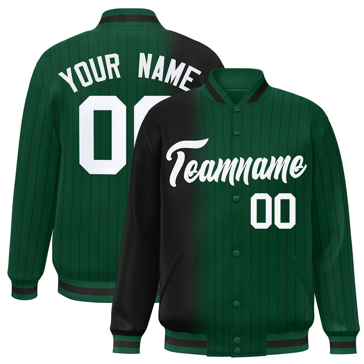 Custom Green Black Pinstripe White-Black Gradient Fashion Varsity Full-Snap Jacket