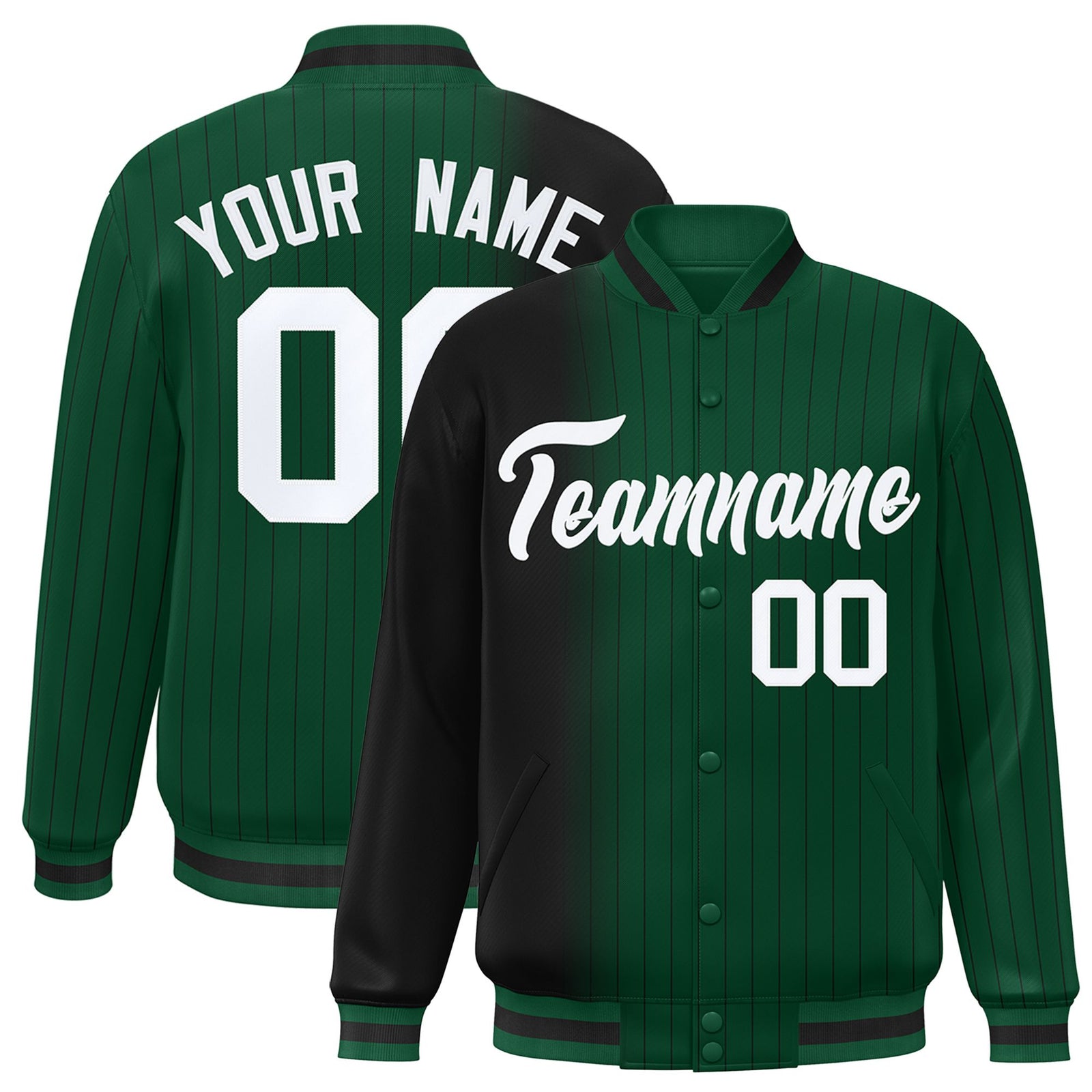 Custom Green Black Pinstripe White-Black Gradient Fashion Varsity Full-Snap Jacket