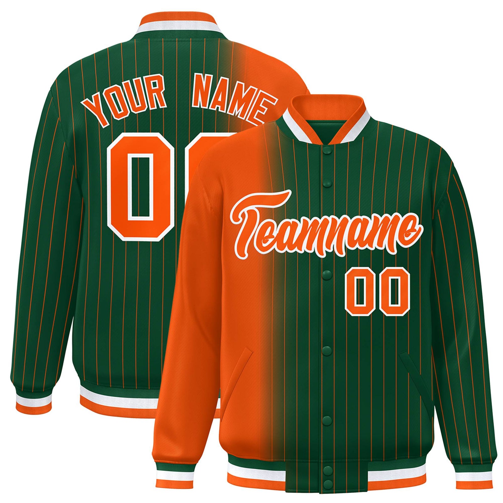 Custom Green Orange Pinstripe White-Orange Gradient Fashion Varsity Full-Snap Jacket