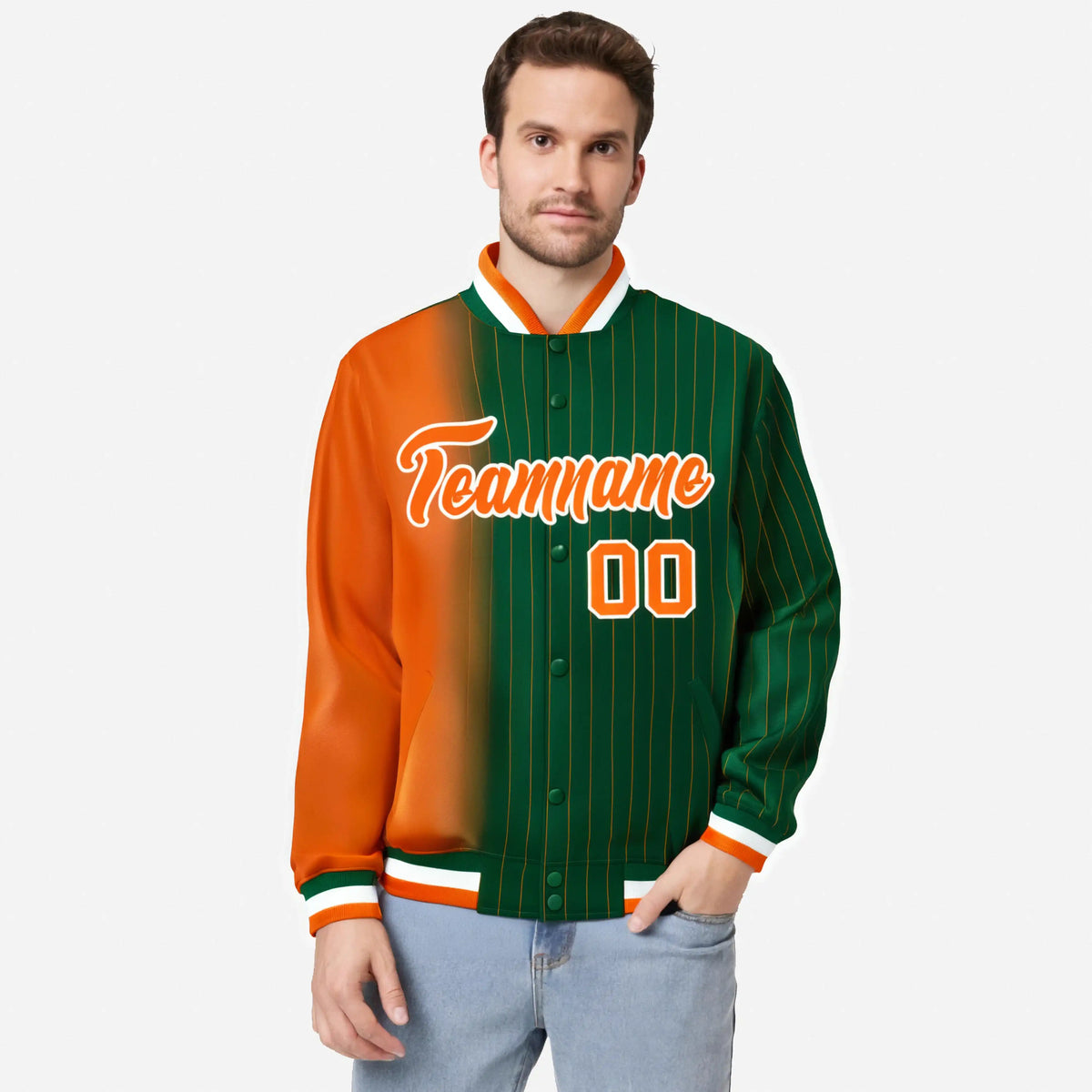 Custom Green Orange Pinstripe White-Orange Gradient Fashion Varsity Full-Snap Jacket