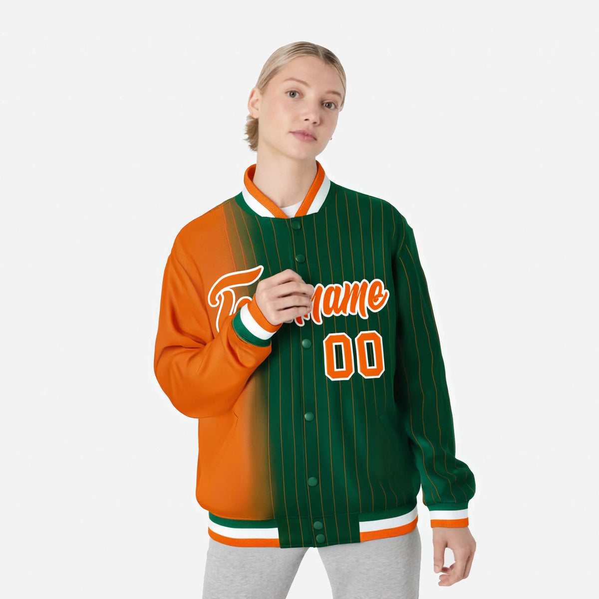 Custom Green Orange Pinstripe White-Orange Gradient Fashion Varsity Full-Snap Jacket