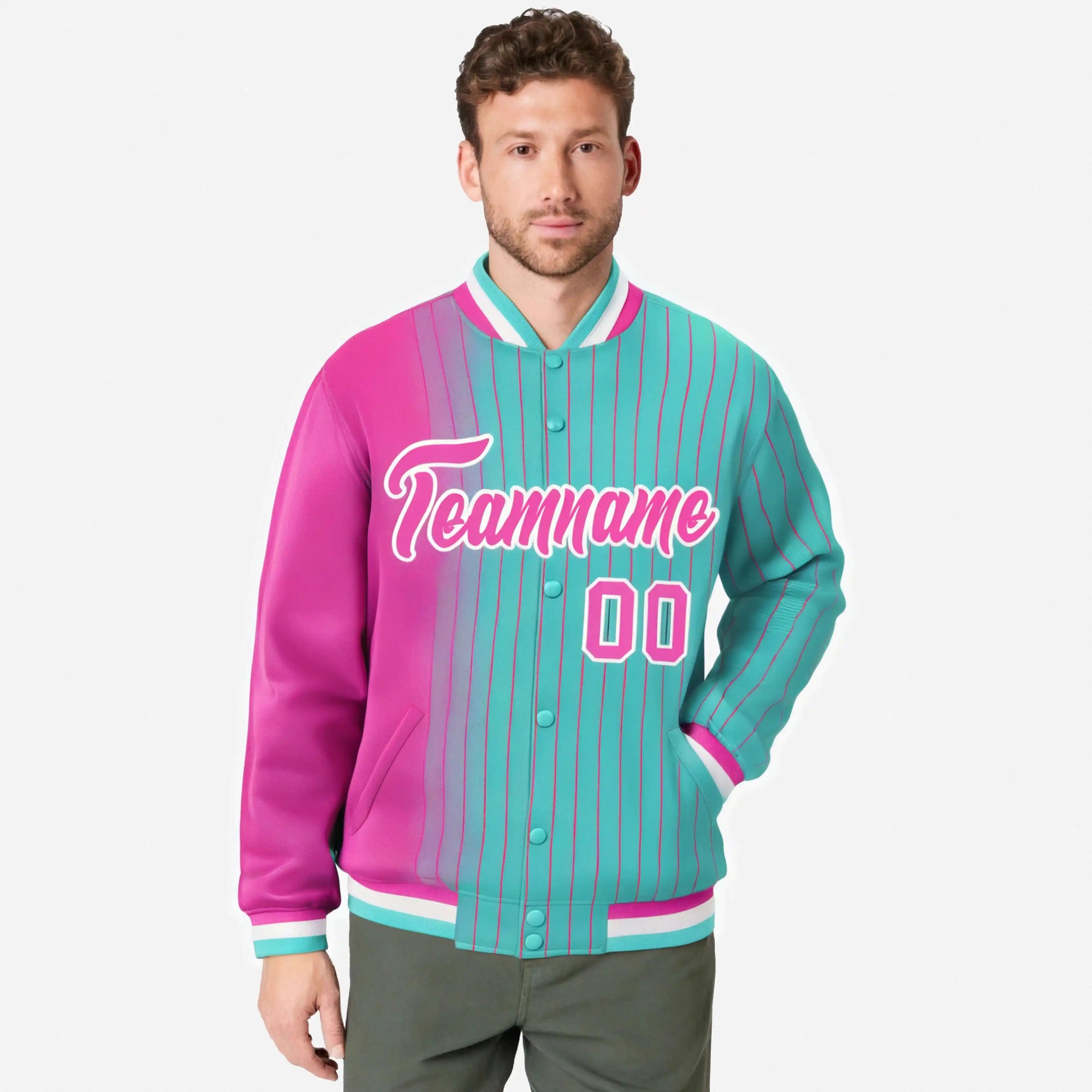 Custom Aqua Pink Pinstripe White-Pink Gradient Fashion Varsity Full-Snap Jacket