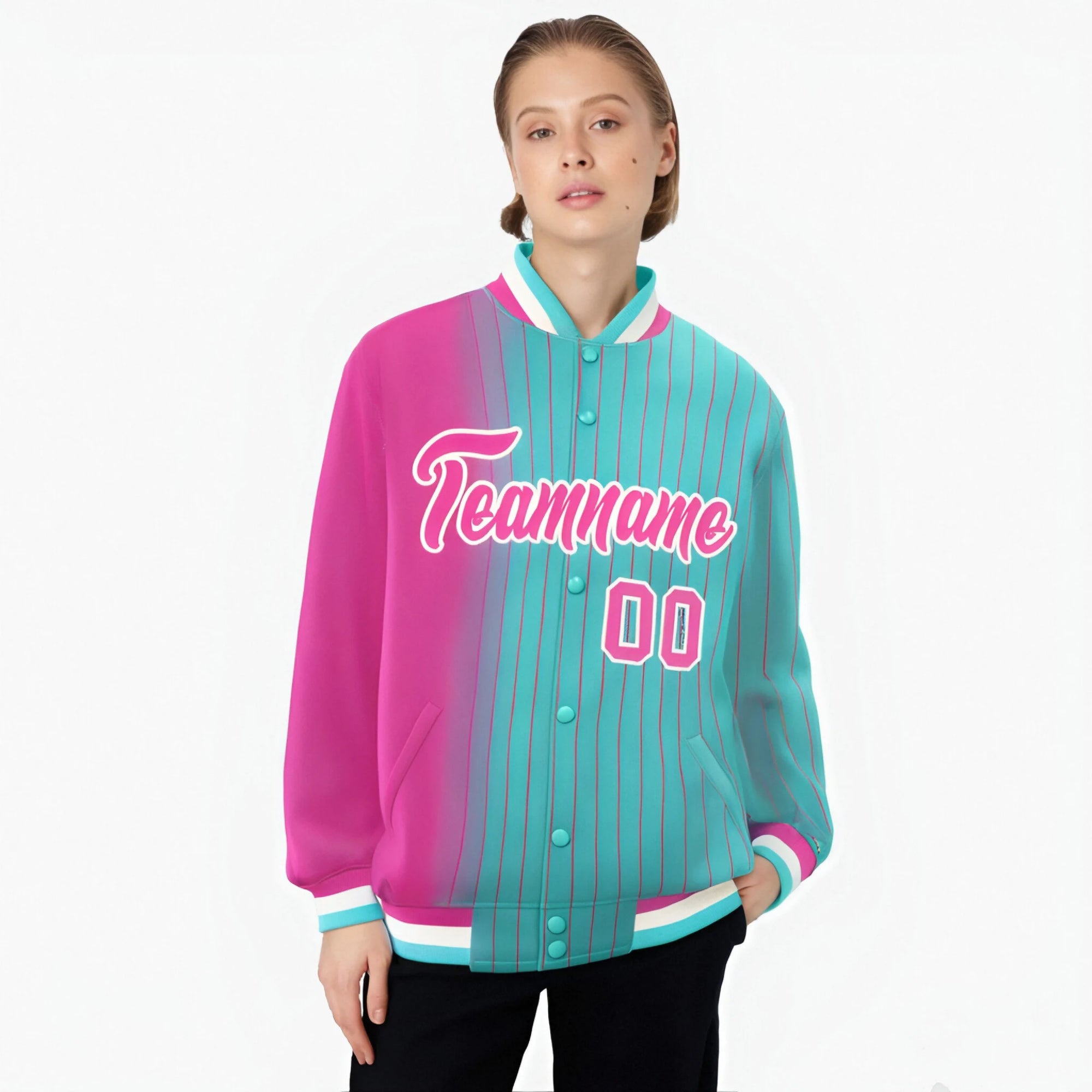 Custom Aqua Pink Pinstripe White-Pink Gradient Fashion Varsity Full-Snap Jacket