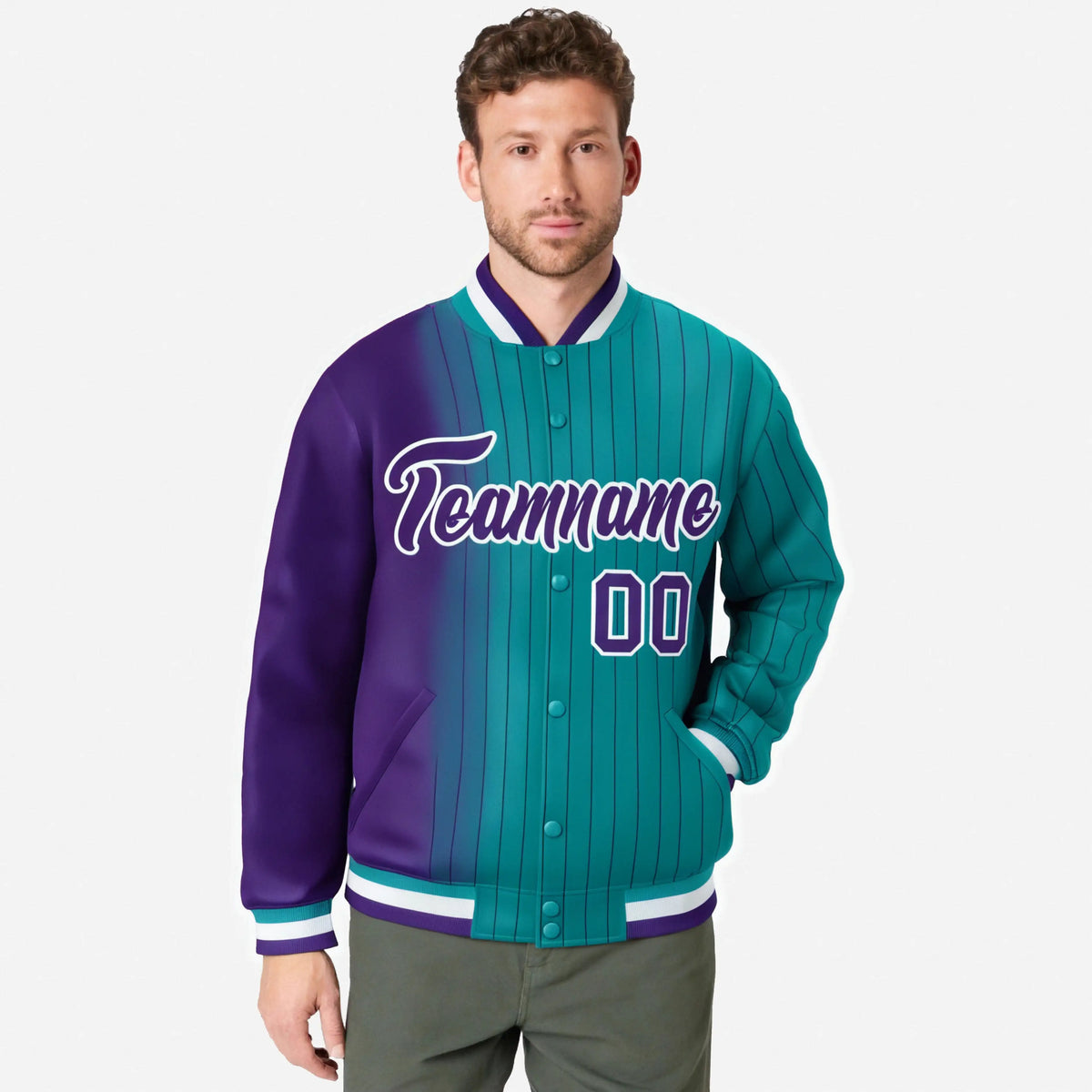 Custom Aqua Purple Pinstripe White-Purple Gradient Fashion Varsity Full-Snap Jacket