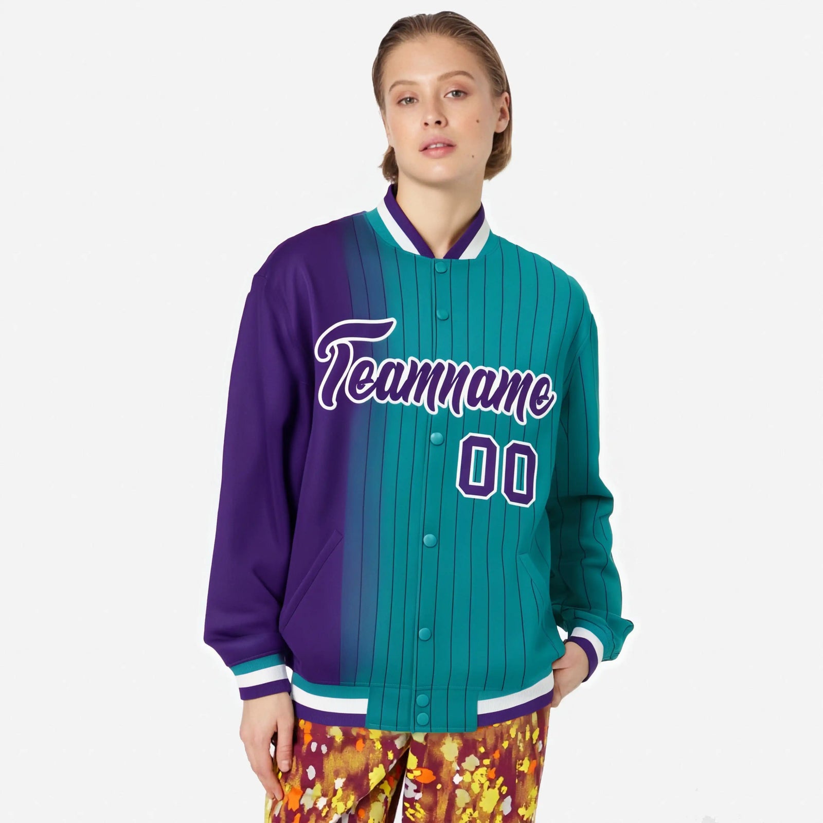 Custom Aqua Purple Pinstripe White-Purple Gradient Fashion Varsity Full-Snap Jacket