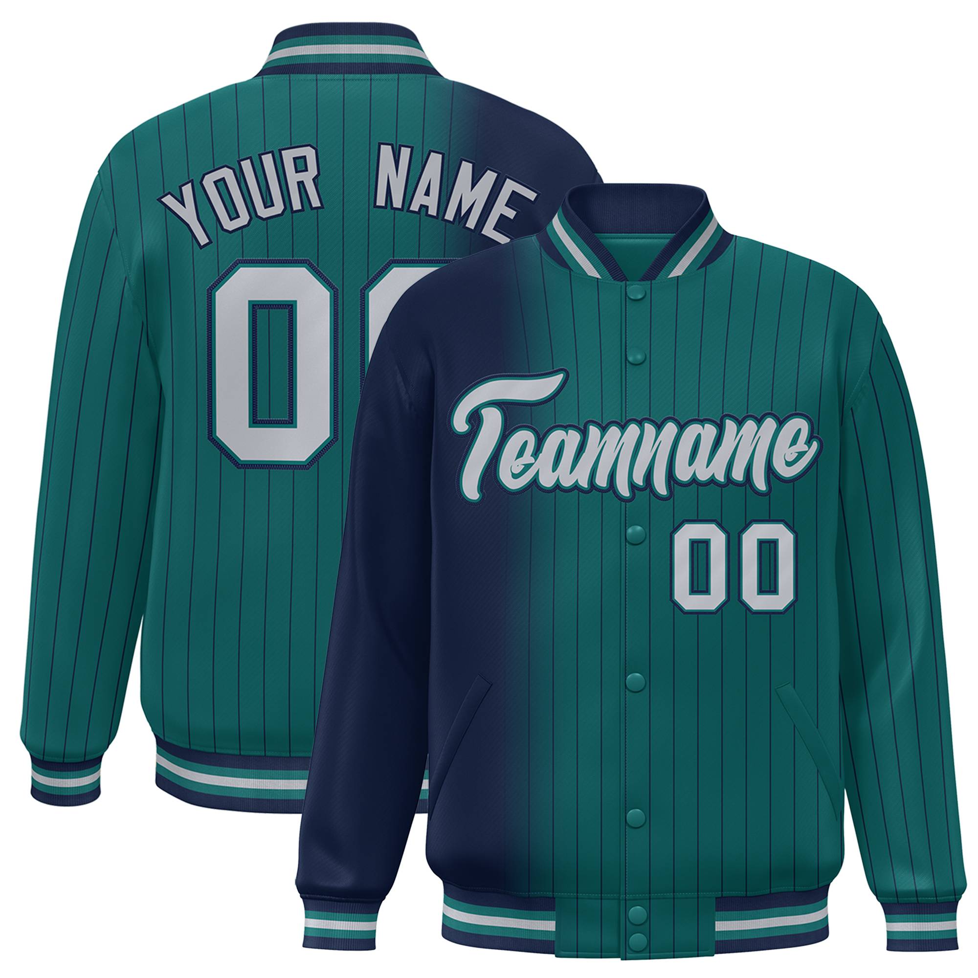 Custom Aqua Navy Pinstripe Gray-Navy Gradient Fashion Varsity Full-Snap Jacket