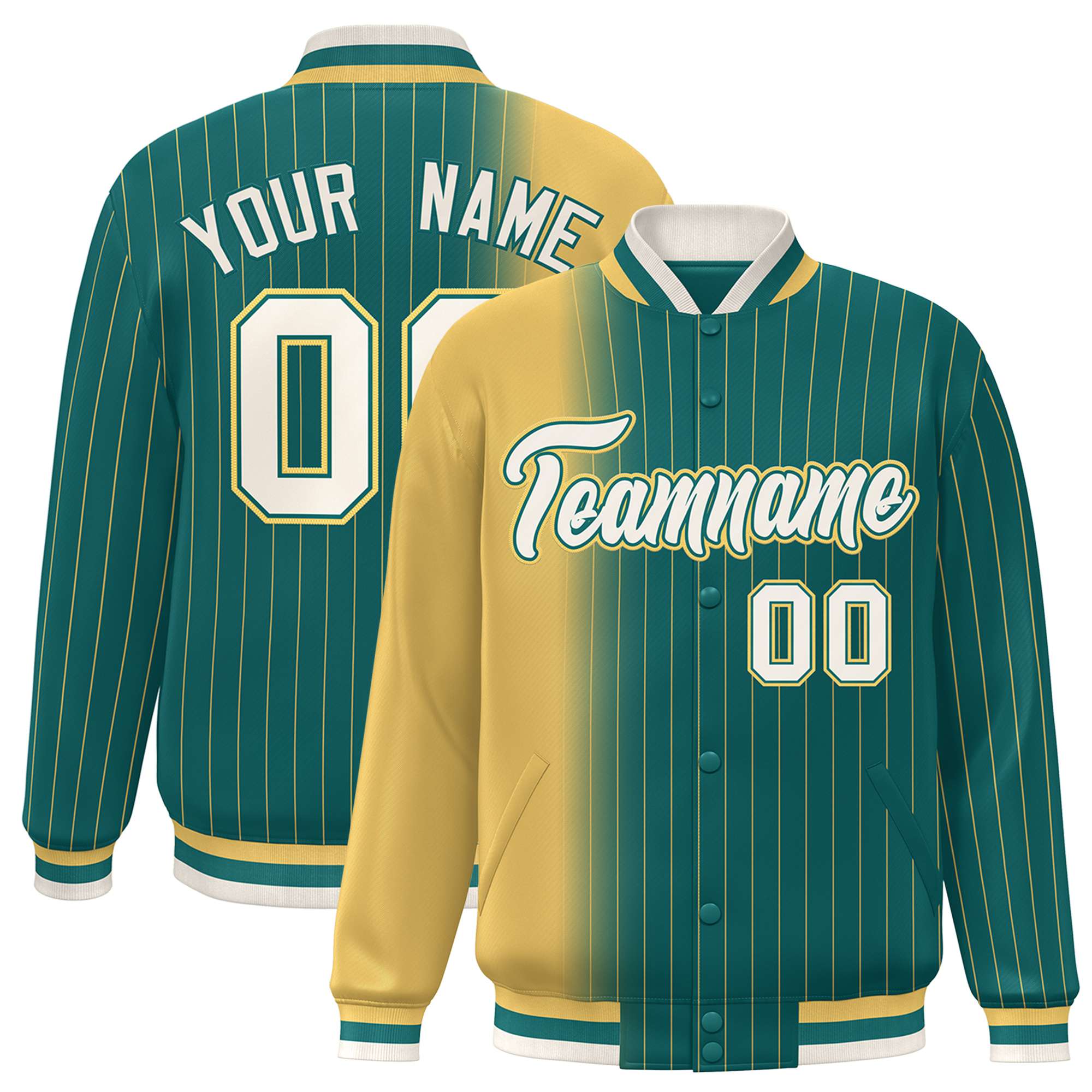 Custom Aqua Old-Gold Pinstripe White-Old Gold Gradient Fashion Varsity Full-Snap Jacket