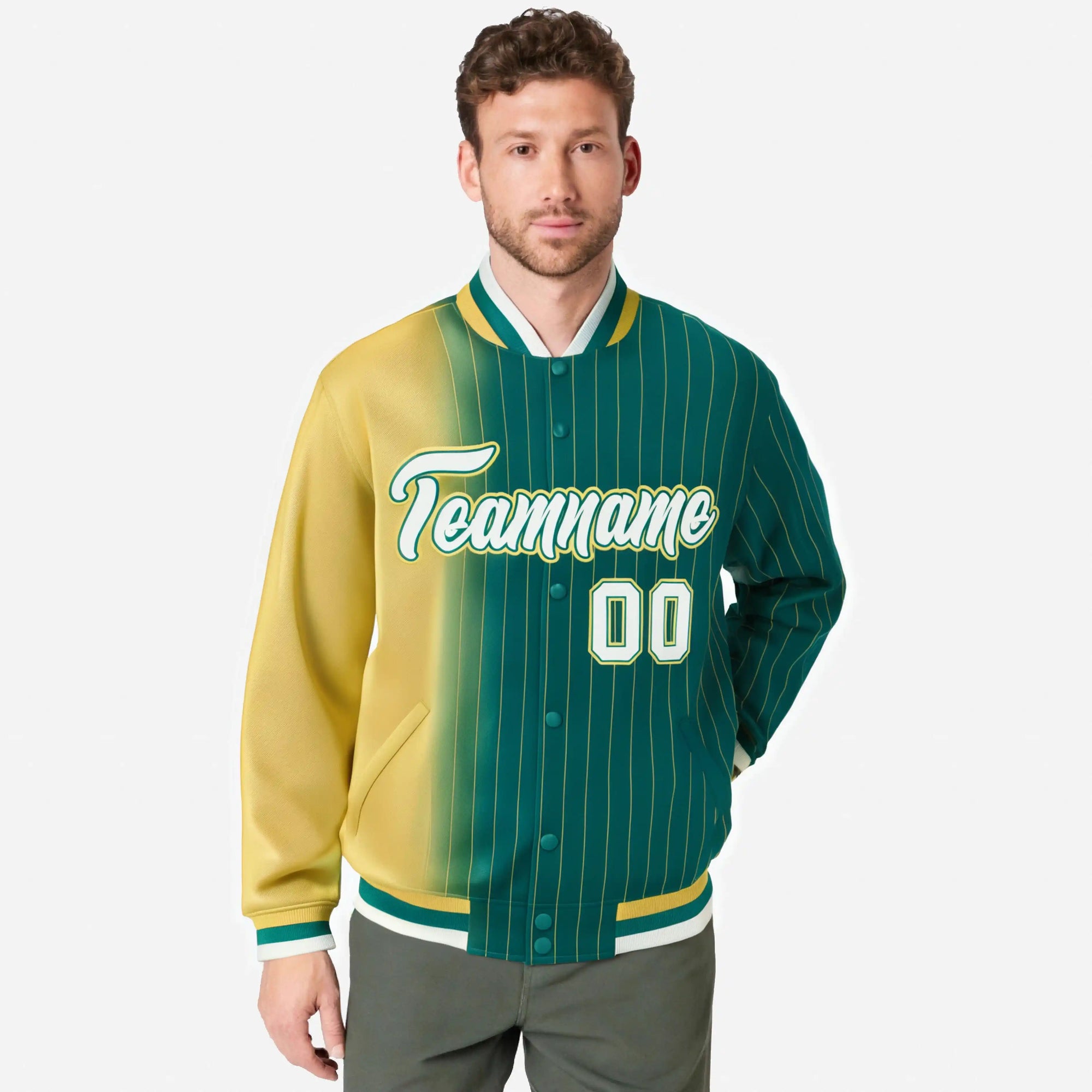 Custom Aqua Old-Gold Pinstripe White-Old Gold Gradient Fashion Varsity Full-Snap Jacket