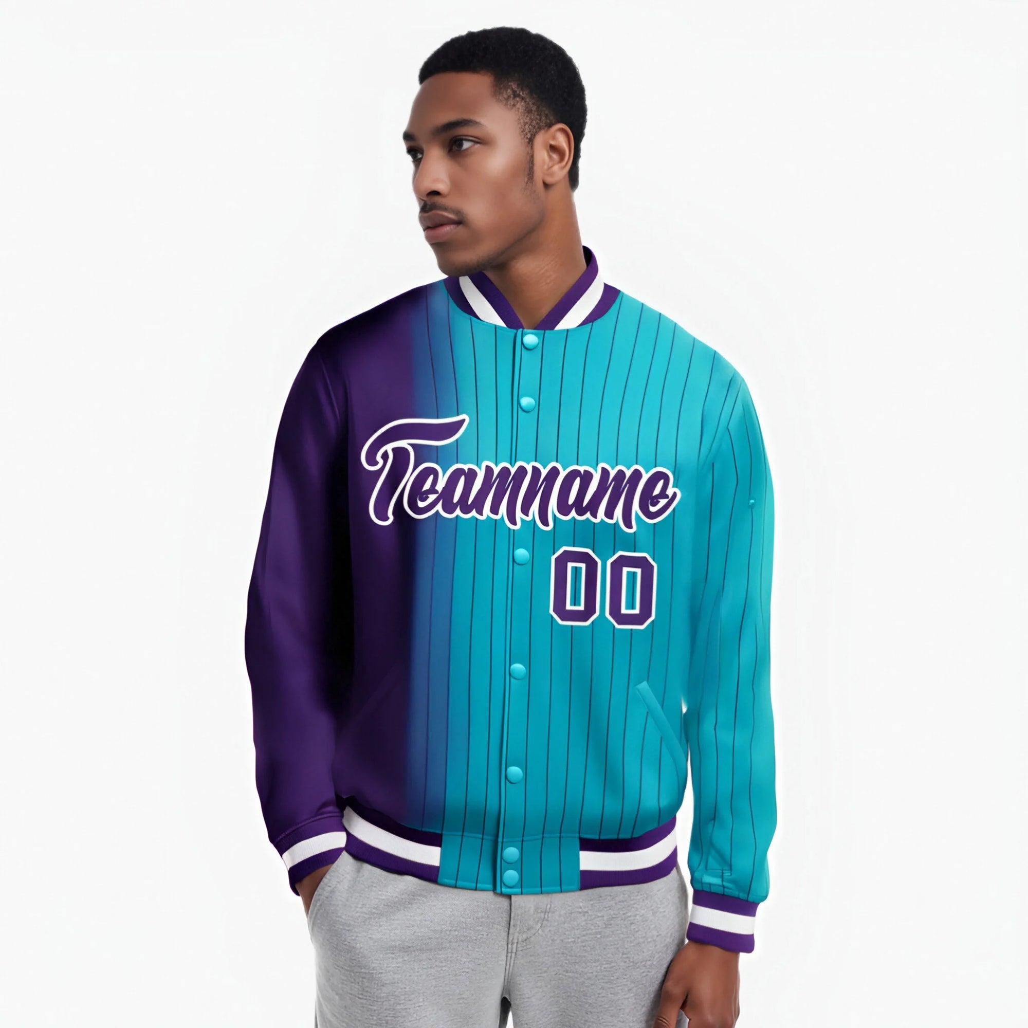 Custom Aqua Purple Pinstripe White-Purple Gradient Fashion Varsity Full-Snap Jacket