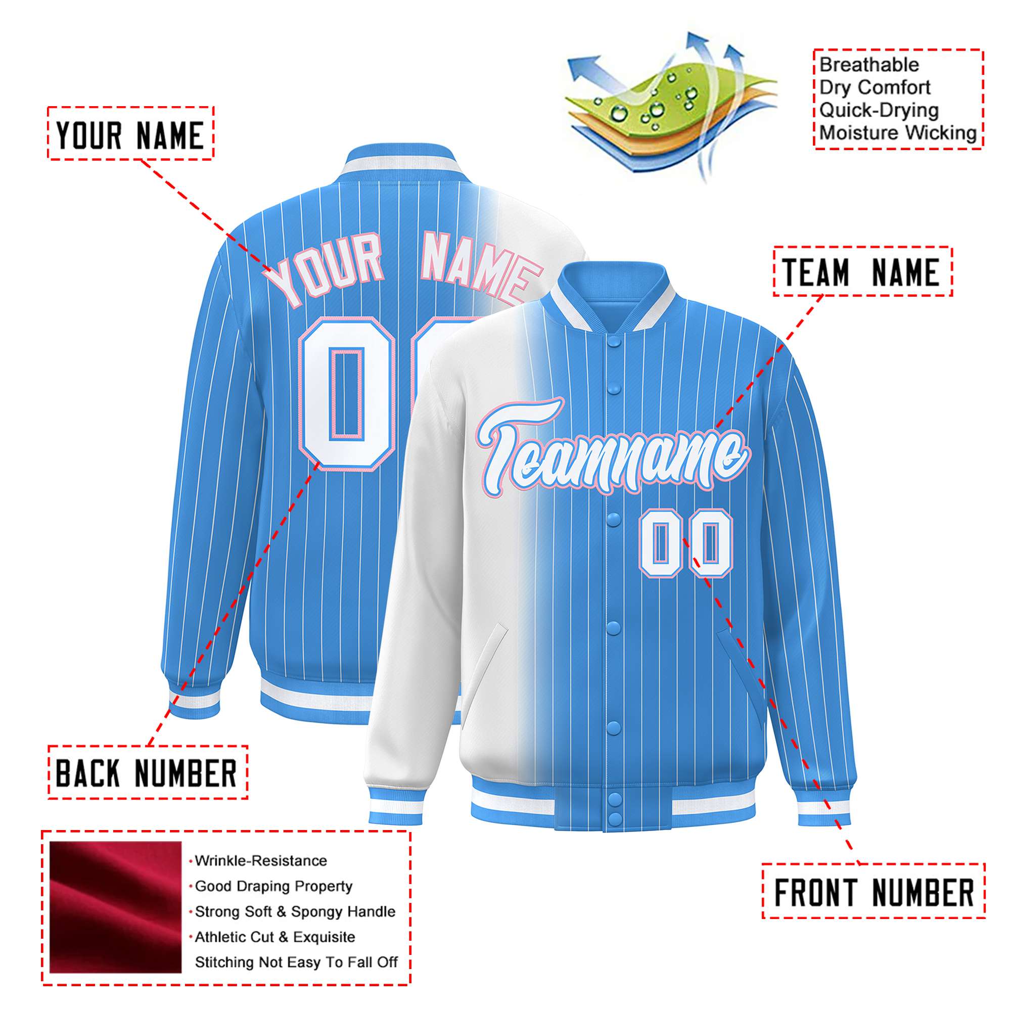 Custom Powder Blue White Pinstripe Powder Blue-White Gradient Fashion Varsity Full-Snap Jacket