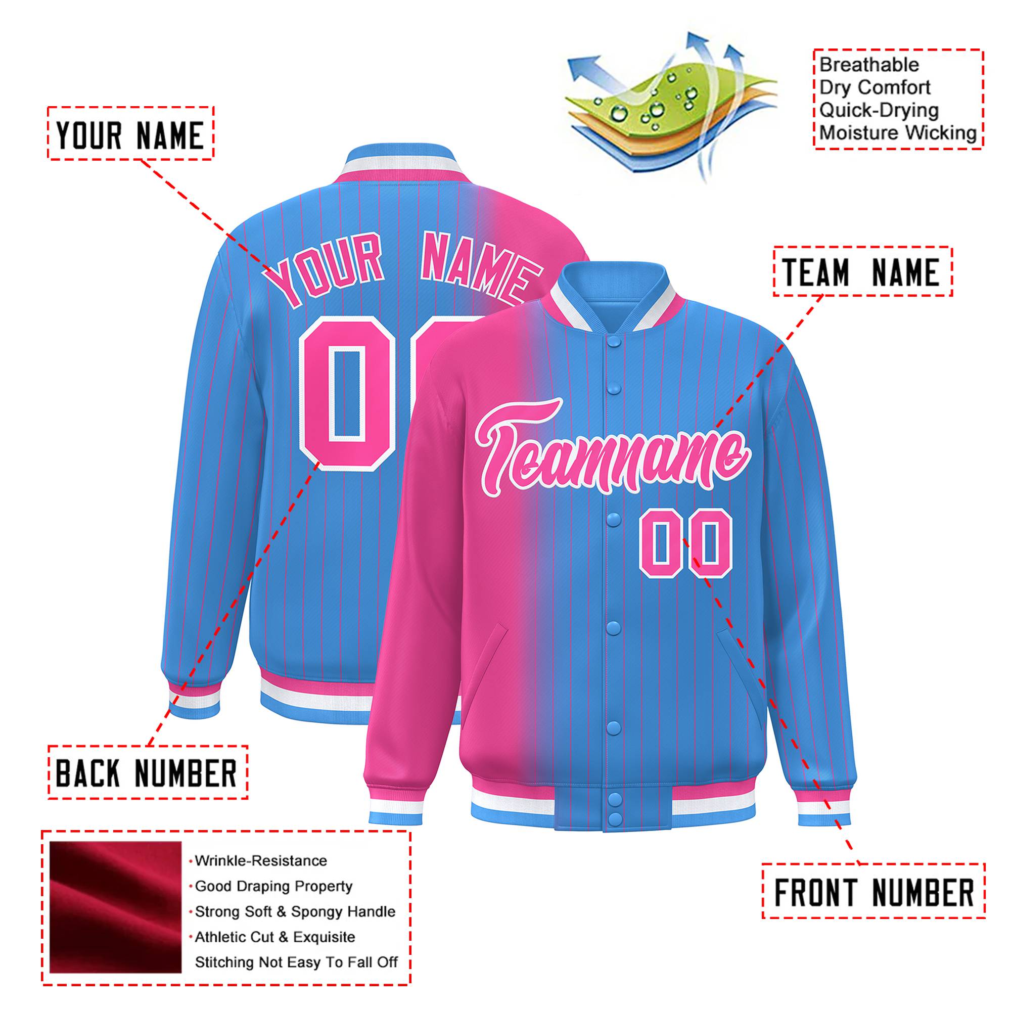 Custom Powder Blue Pink Pinstripe White-Pink Gradient Fashion Varsity Full-Snap Jacket