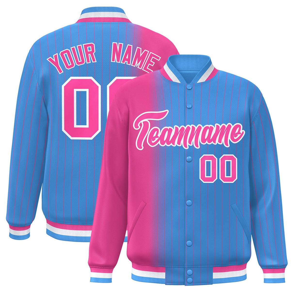 Custom Powder Blue Pink Pinstripe White-Pink Gradient Fashion Varsity Full-Snap Jacket