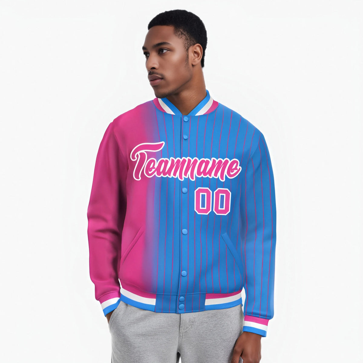 Custom Powder Blue Pink Pinstripe White-Pink Gradient Fashion Varsity Full-Snap Jacket