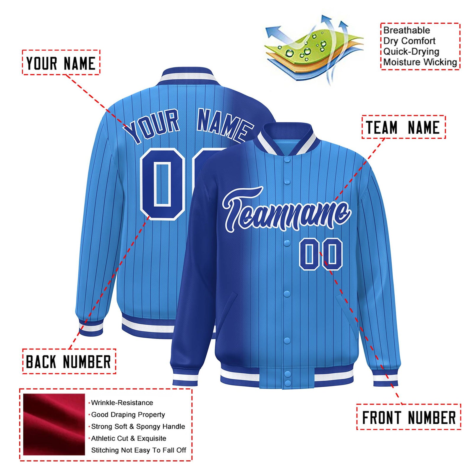 Custom Powder Blue Royal-Blue Pinstripe White-Royal Blue Gradient Fashion Varsity Full-Snap Jacket
