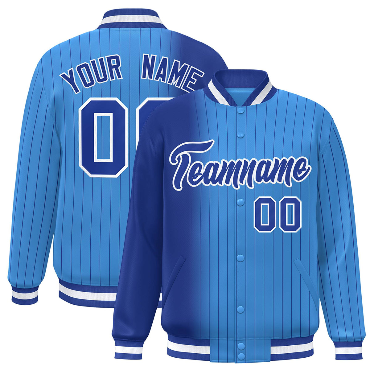 Custom Powder Blue Royal-Blue Pinstripe White-Royal Blue Gradient Fashion Varsity Full-Snap Jacket