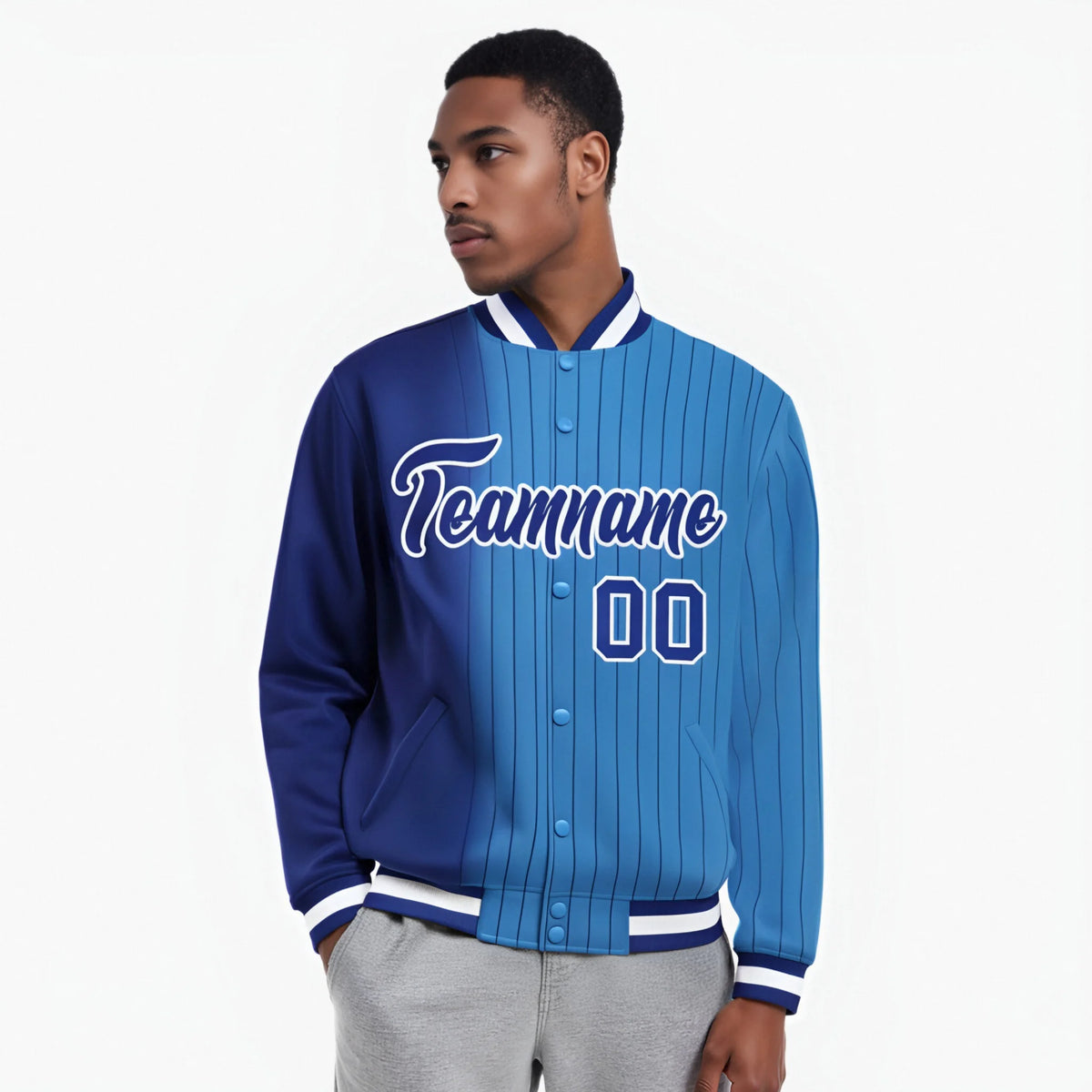 Custom Powder Blue Royal-Blue Pinstripe White-Royal Blue Gradient Fashion Varsity Full-Snap Jacket