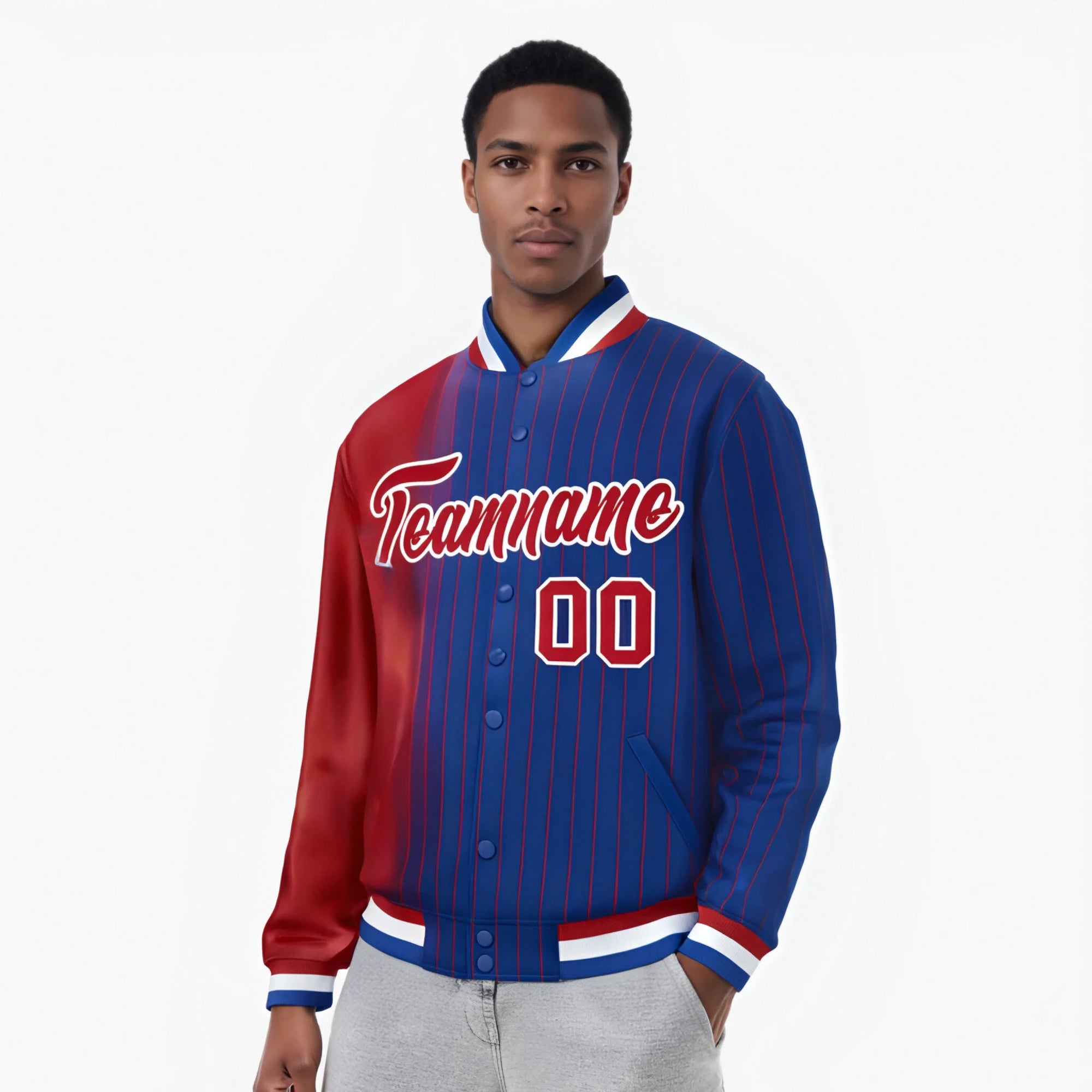 Custom Royal Blue Red Pinstripe White-Red Gradient Fashion Varsity Full-Snap Jacket