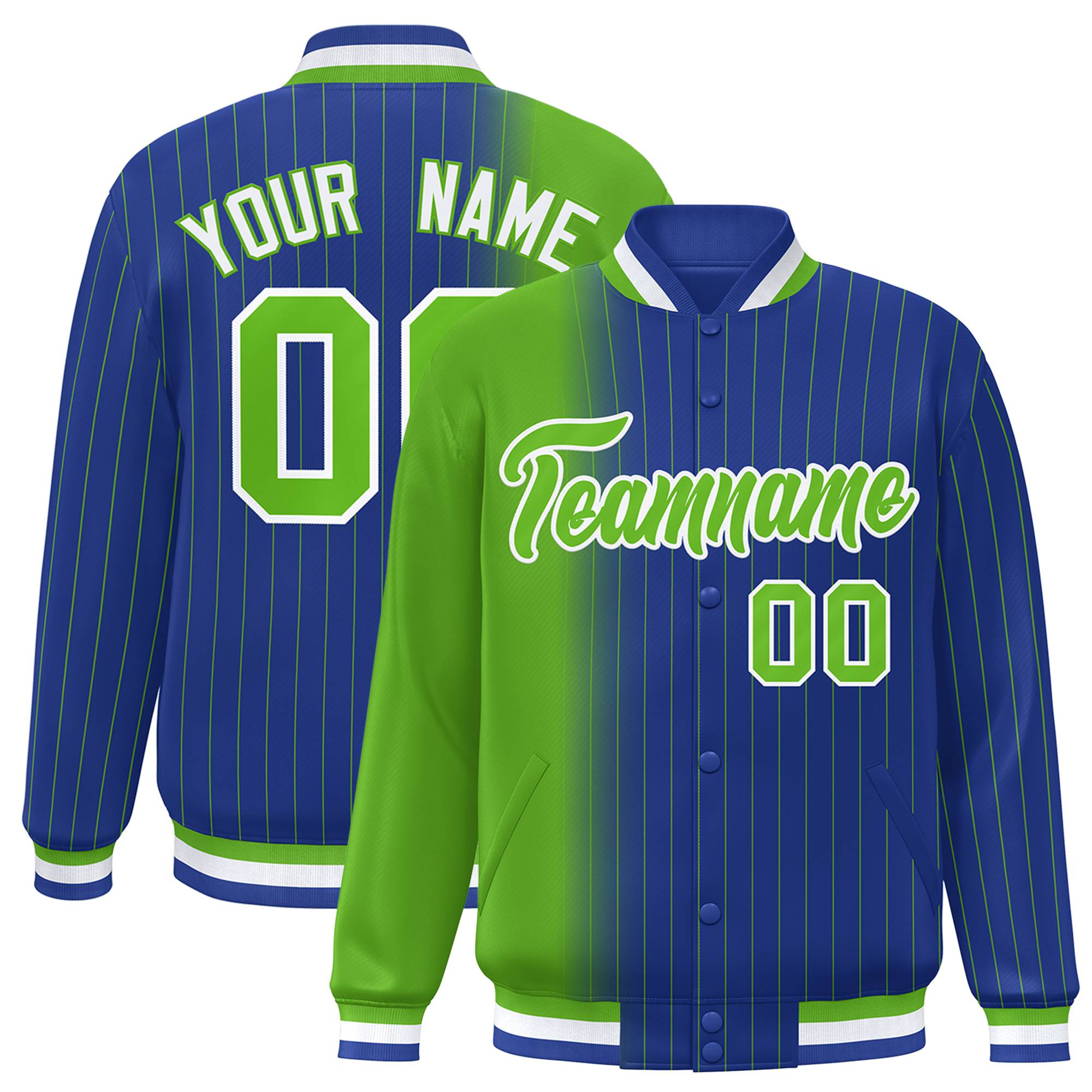 Custom Royal Blue Neon-Green Pinstripe White-Neon Green Gradient Fashion Varsity Full-Snap Jacket