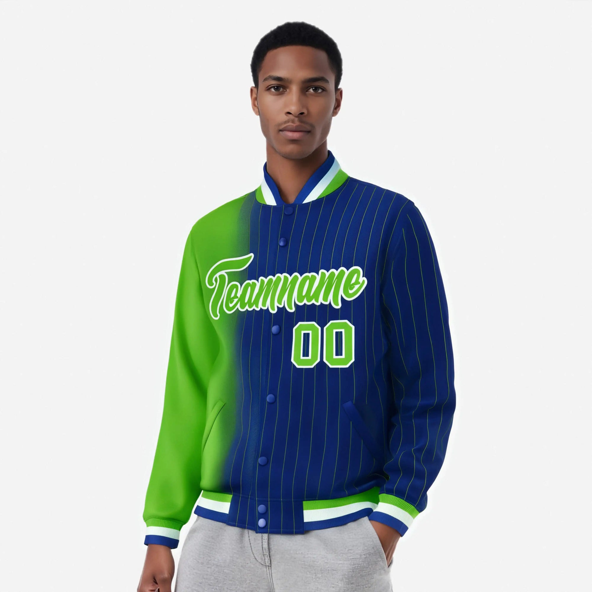 Custom Royal Blue Neon-Green Pinstripe White-Neon Green Gradient Fashion Varsity Full-Snap Jacket