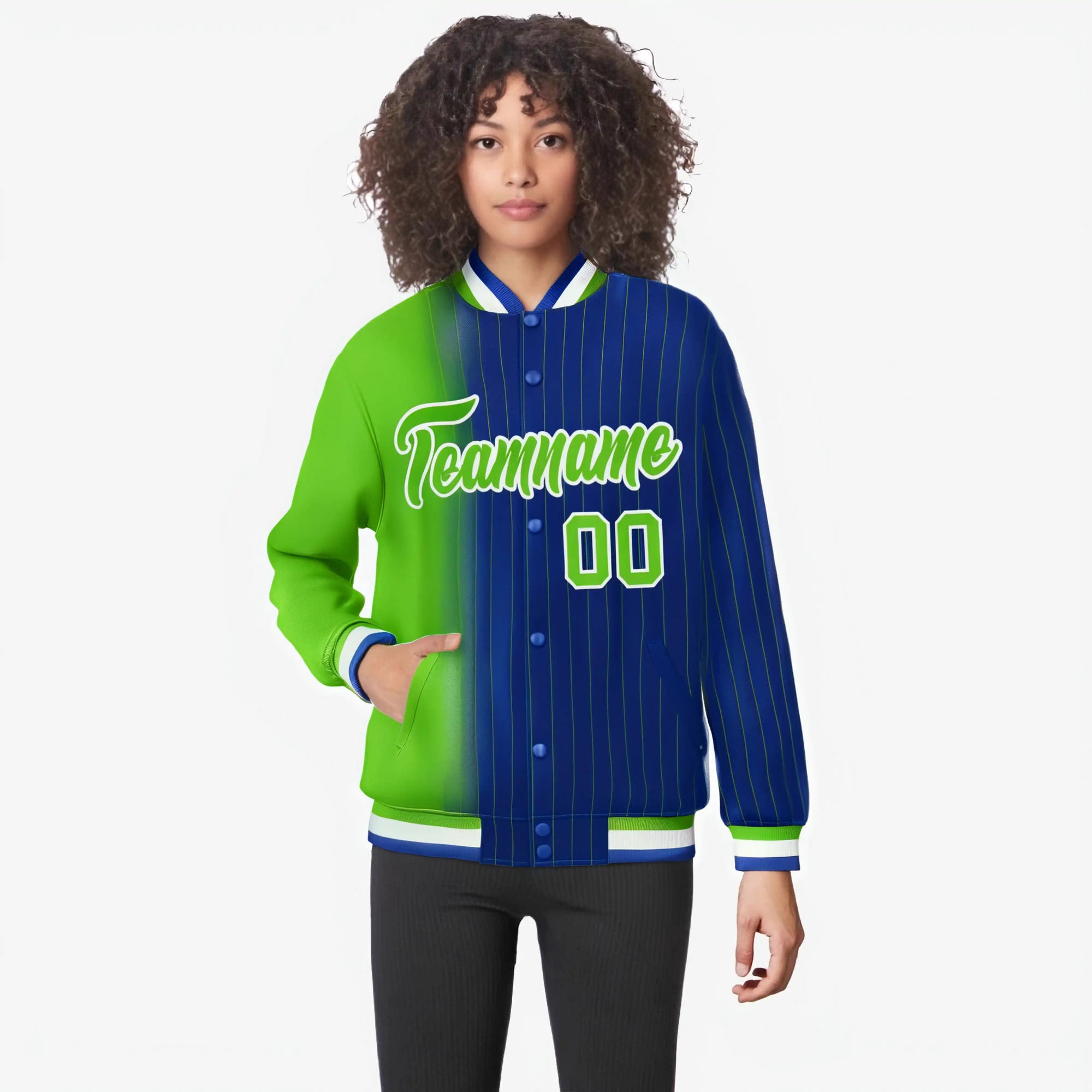 Custom Royal Blue Neon-Green Pinstripe White-Neon Green Gradient Fashion Varsity Full-Snap Jacket